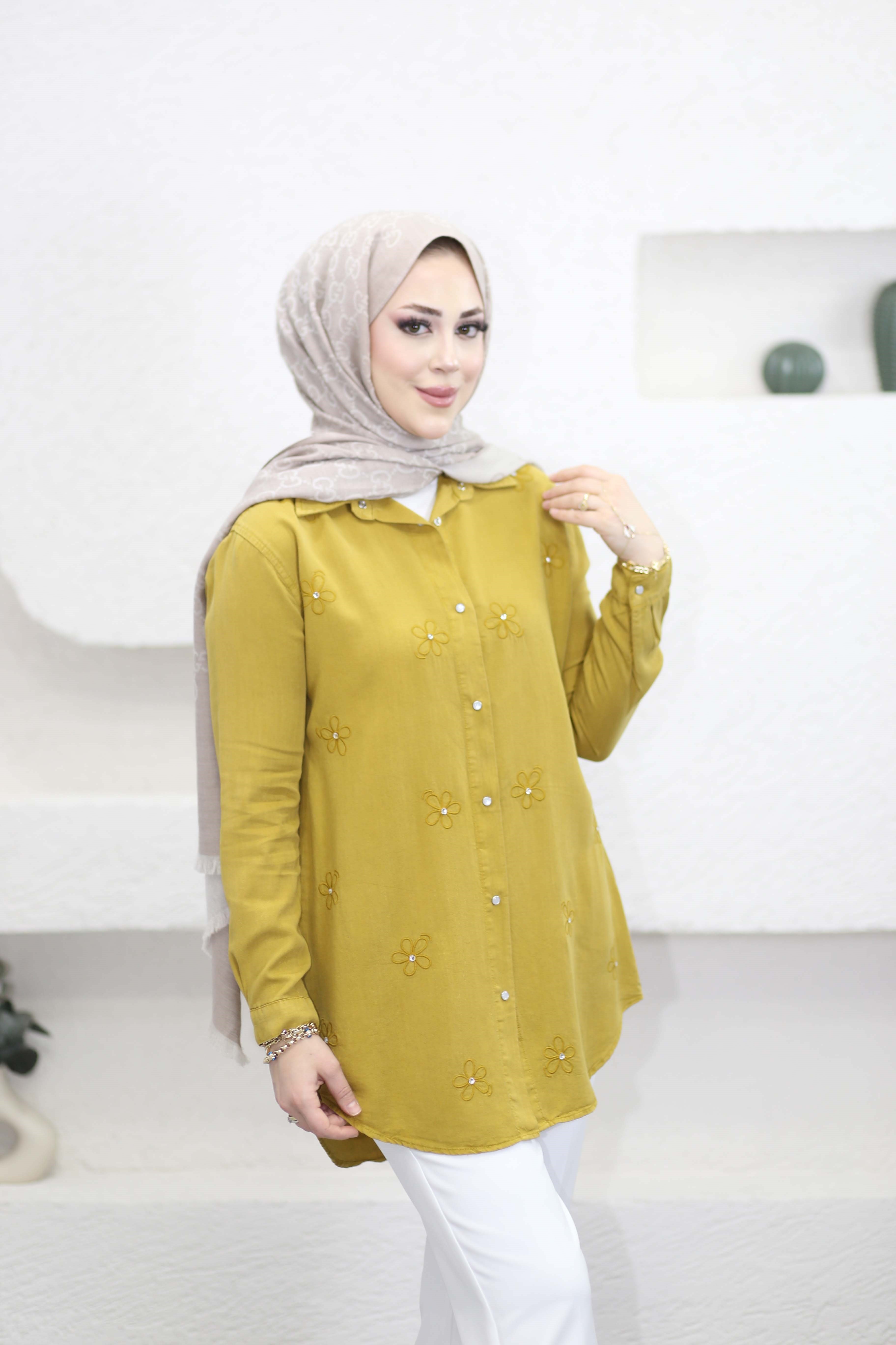 Papatya Tencel Gömlek Yağ Yeşili 7418