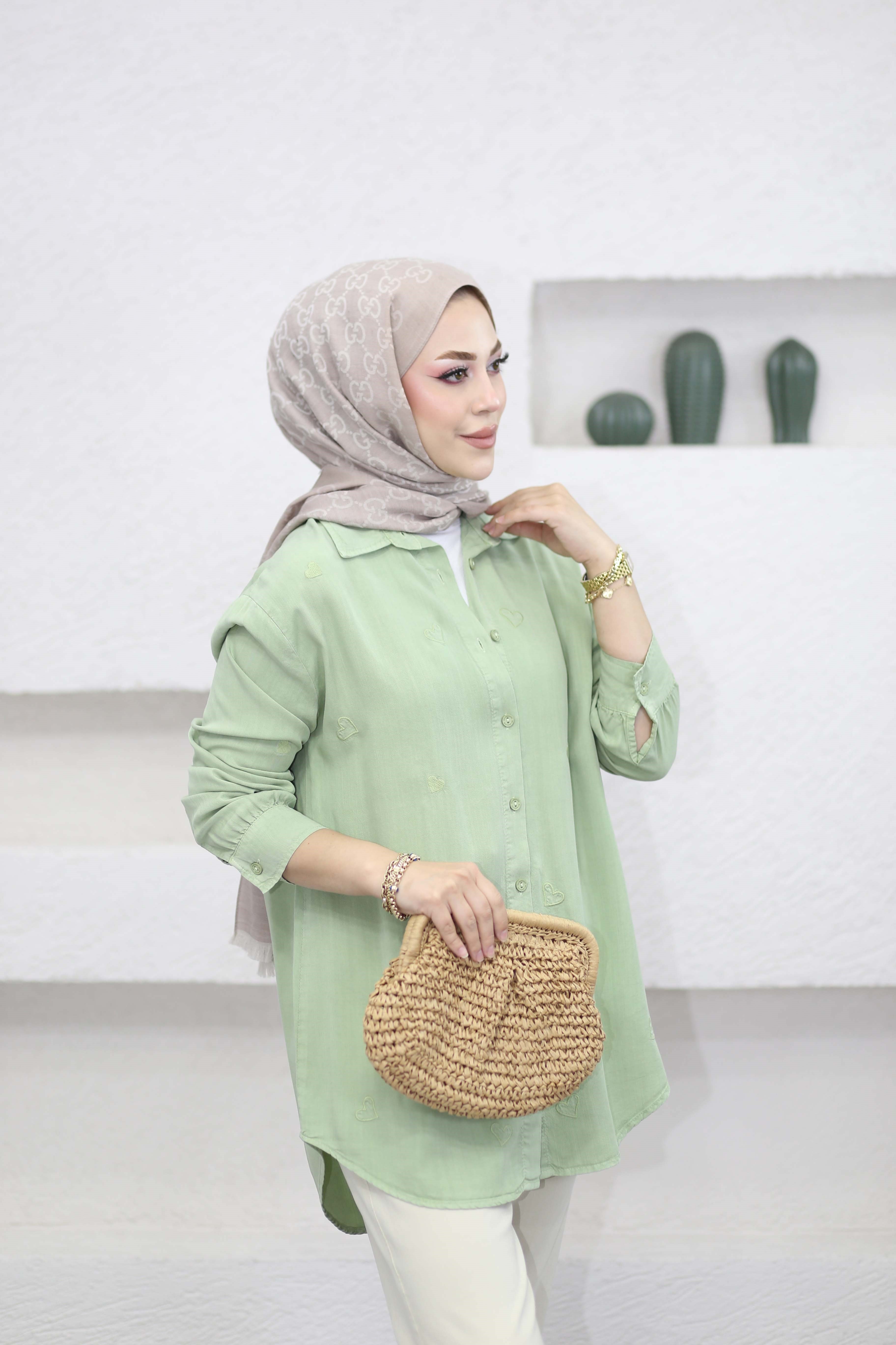Mini Kalpli Tencel Gömlek Yeşil 7463