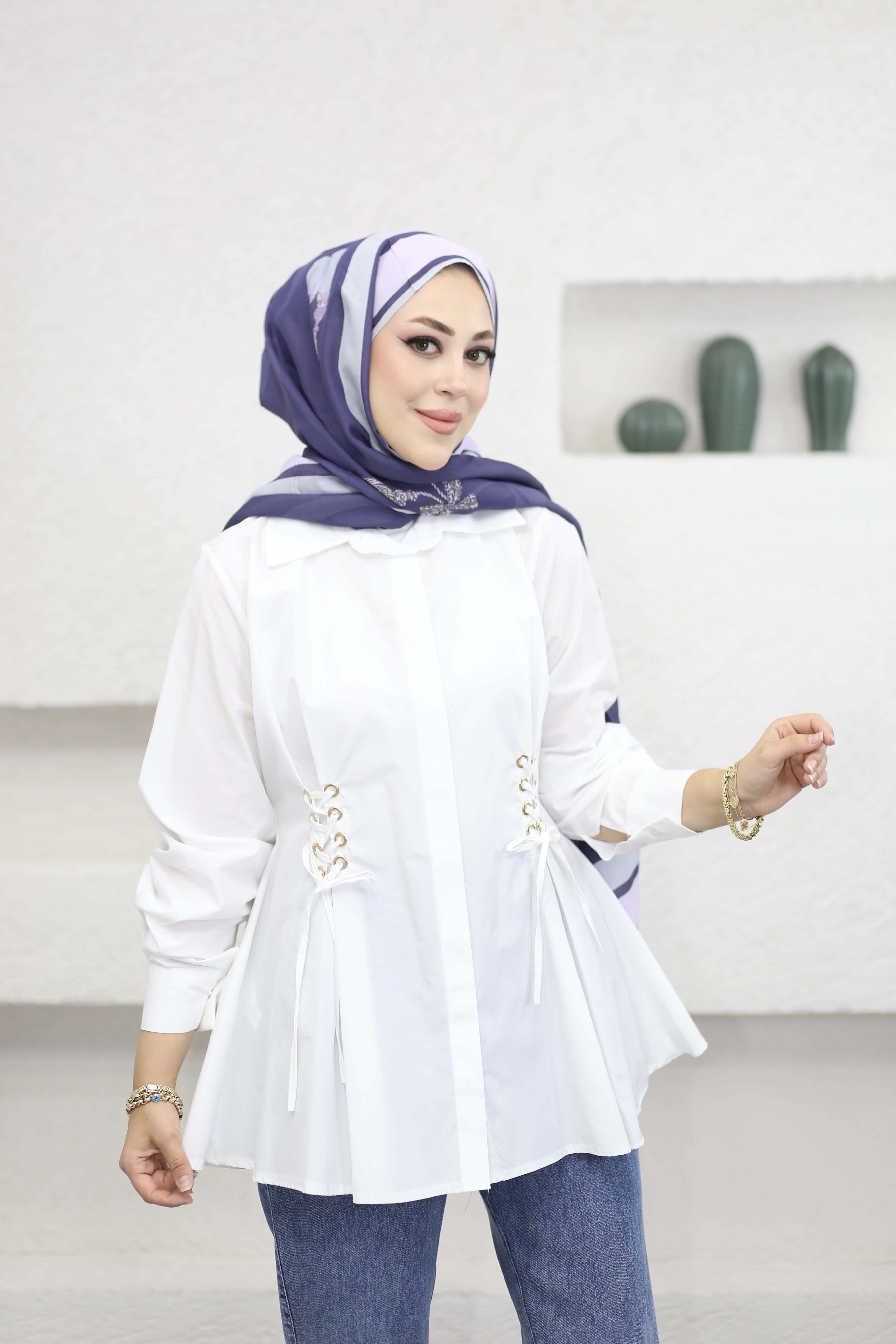 Kuş Gözlü Gömlek Beyaz 8036