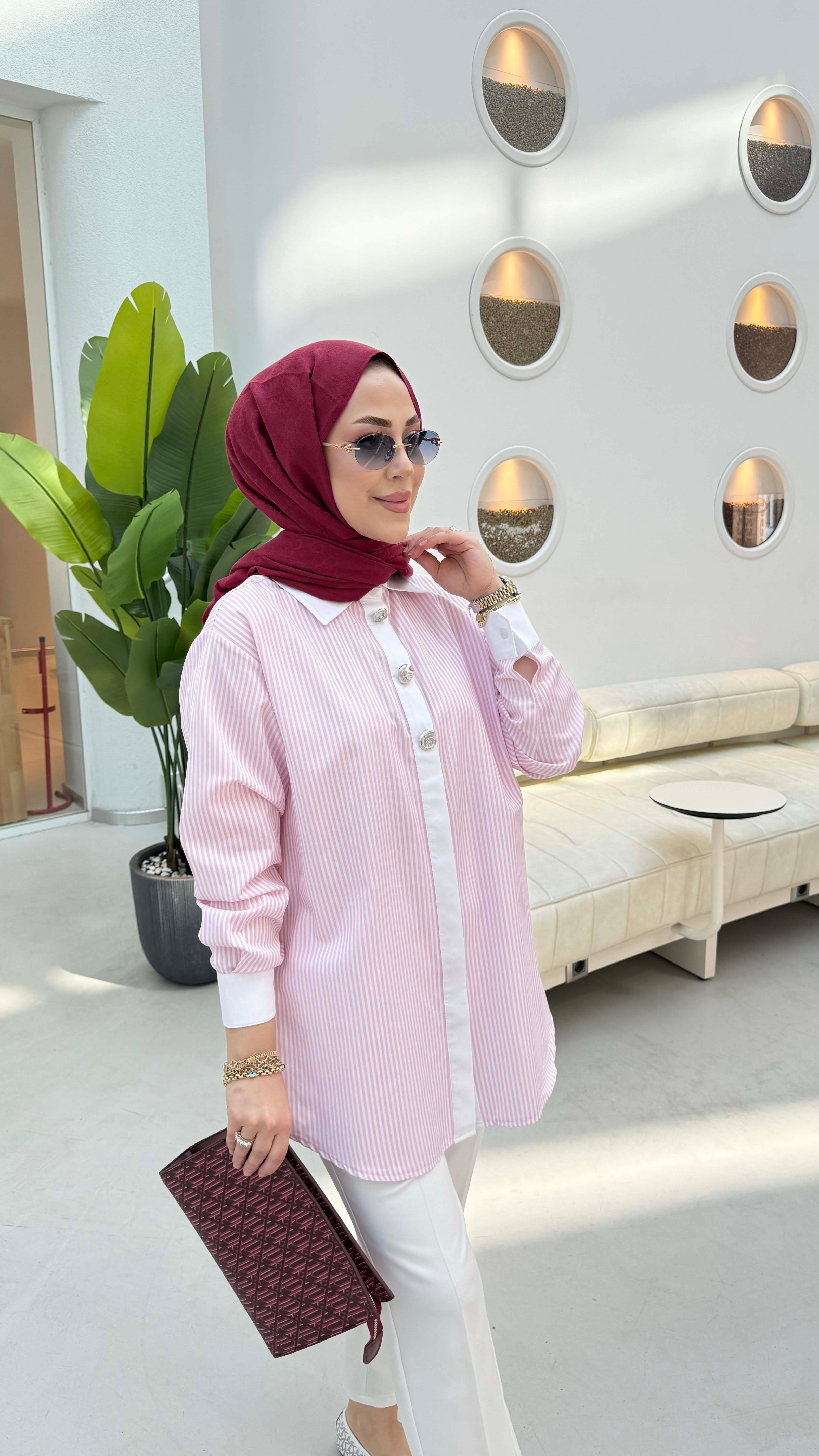 Çizgili Düğmeli Gömlek Pembe 1520