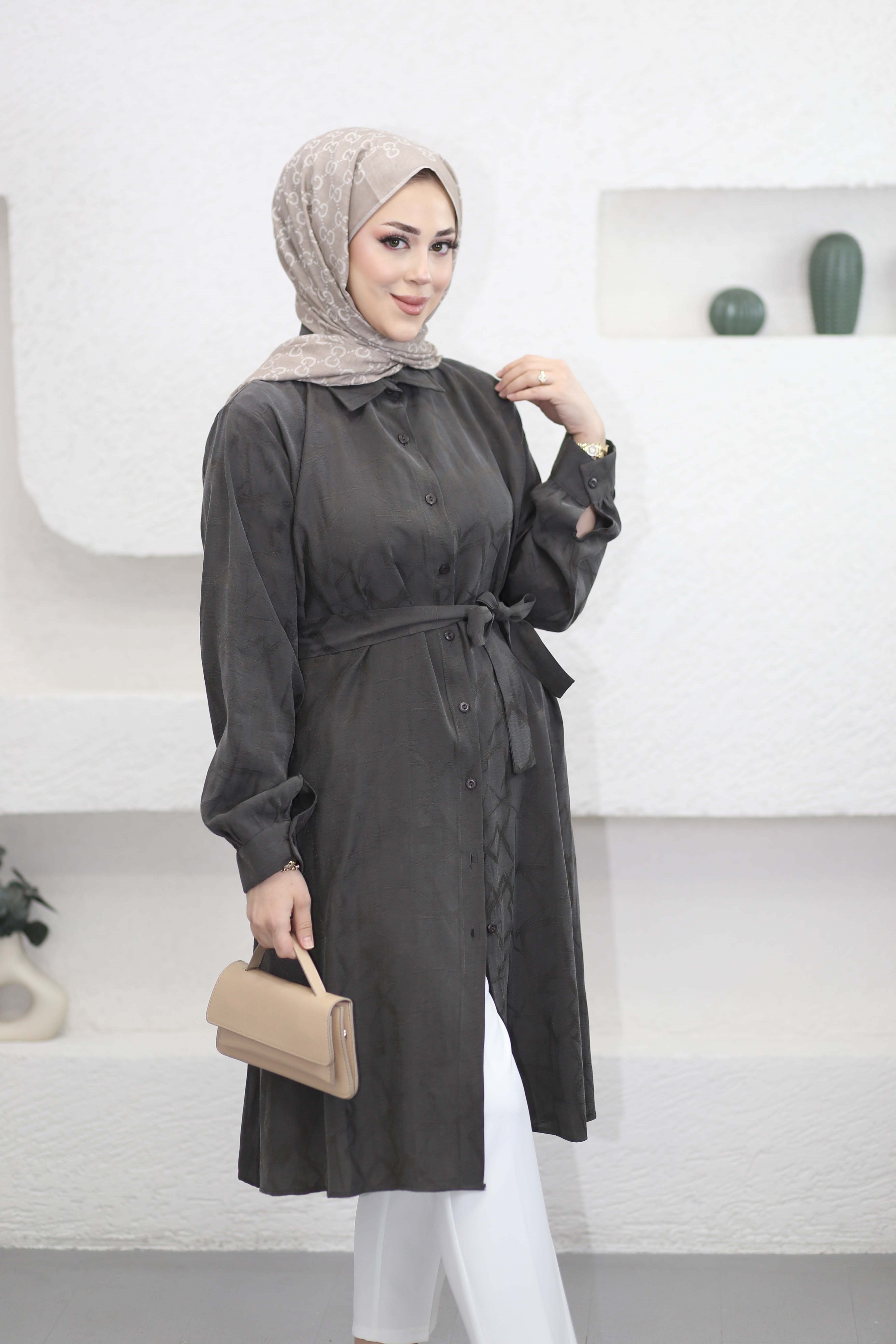 Kendinden Desenli Araboy Tunik Füme 4657