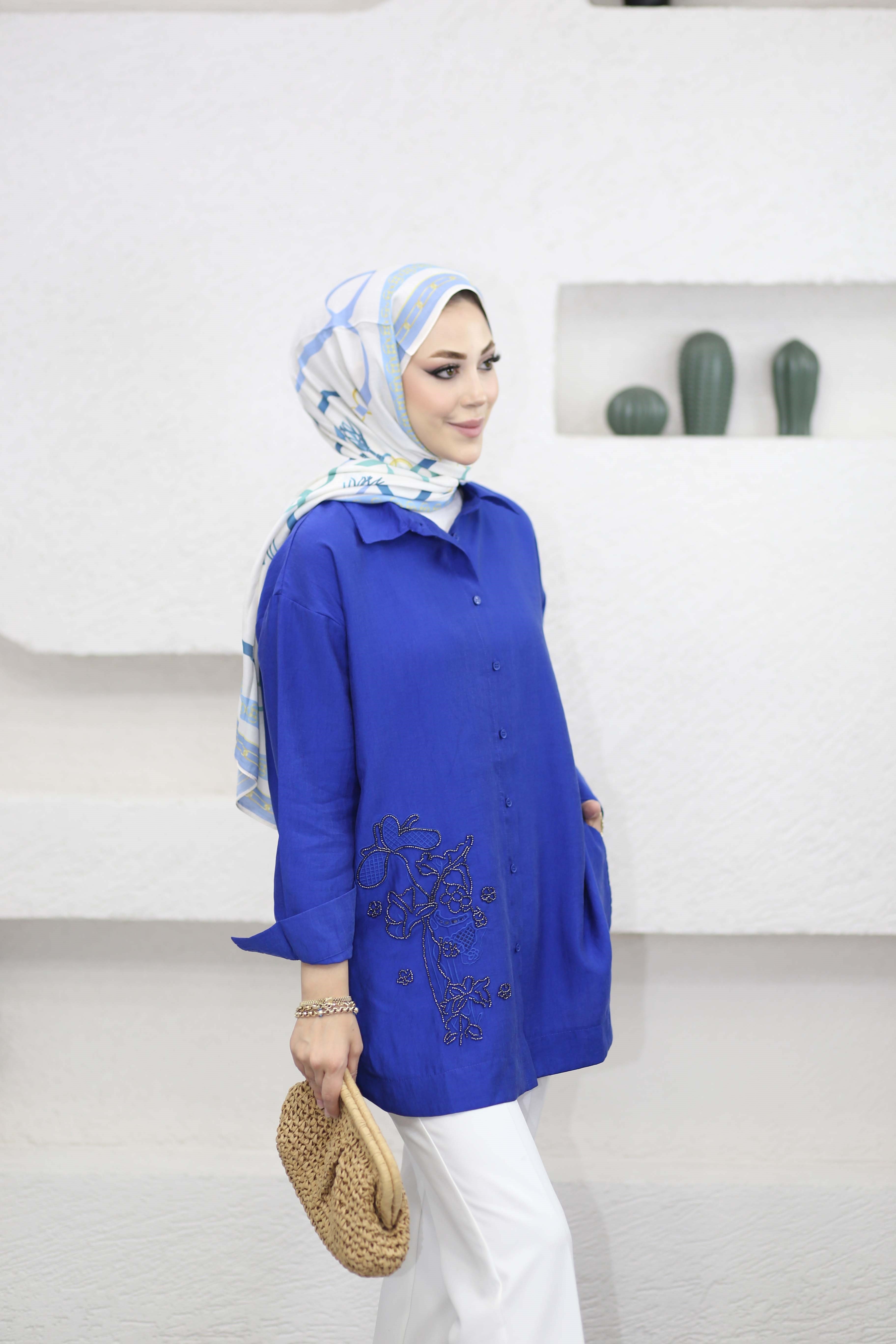 Boncuk Nakış Detaylı Gömlek Saks 2964