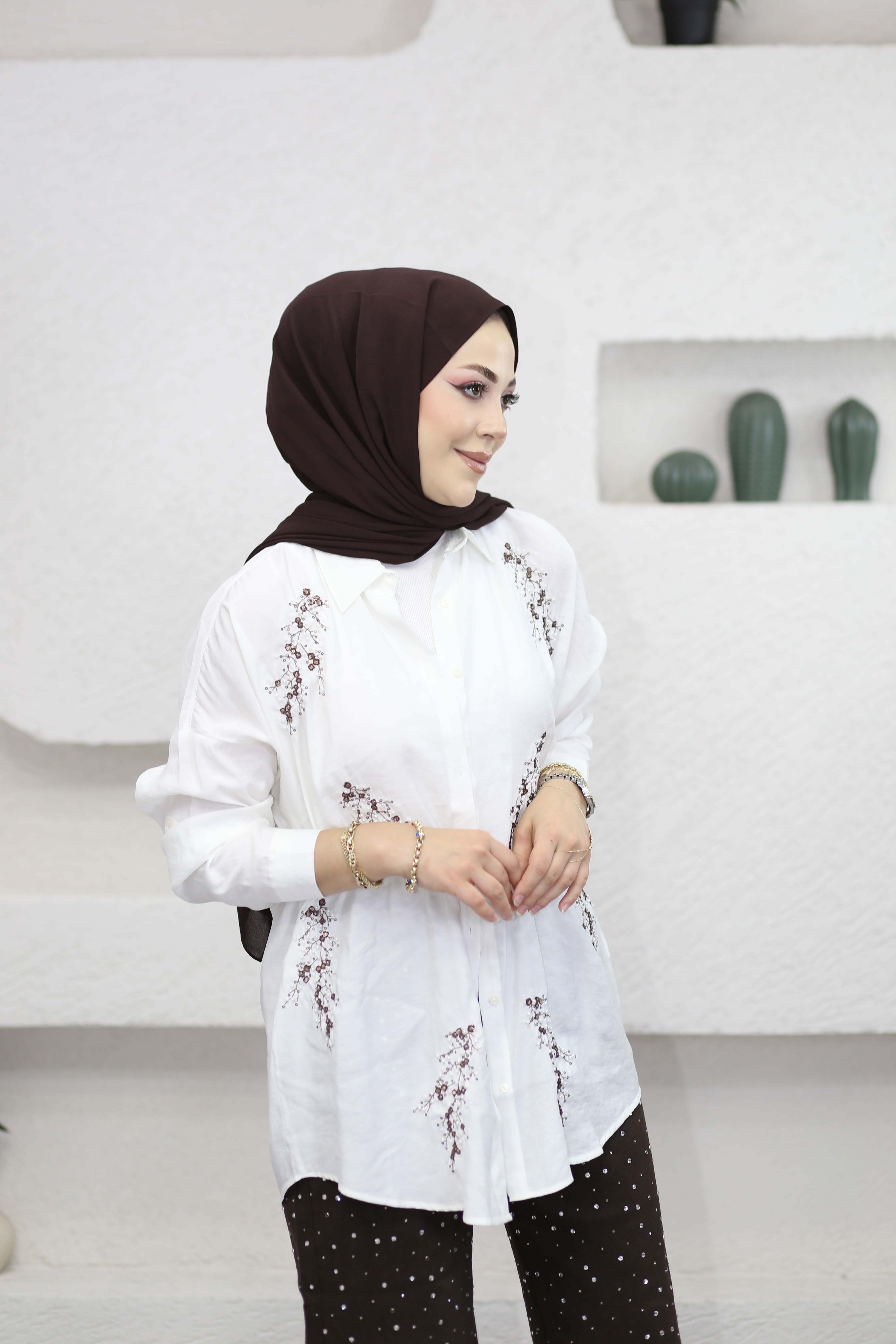 Efil Nakışlı Gömlek Beyaz 5168