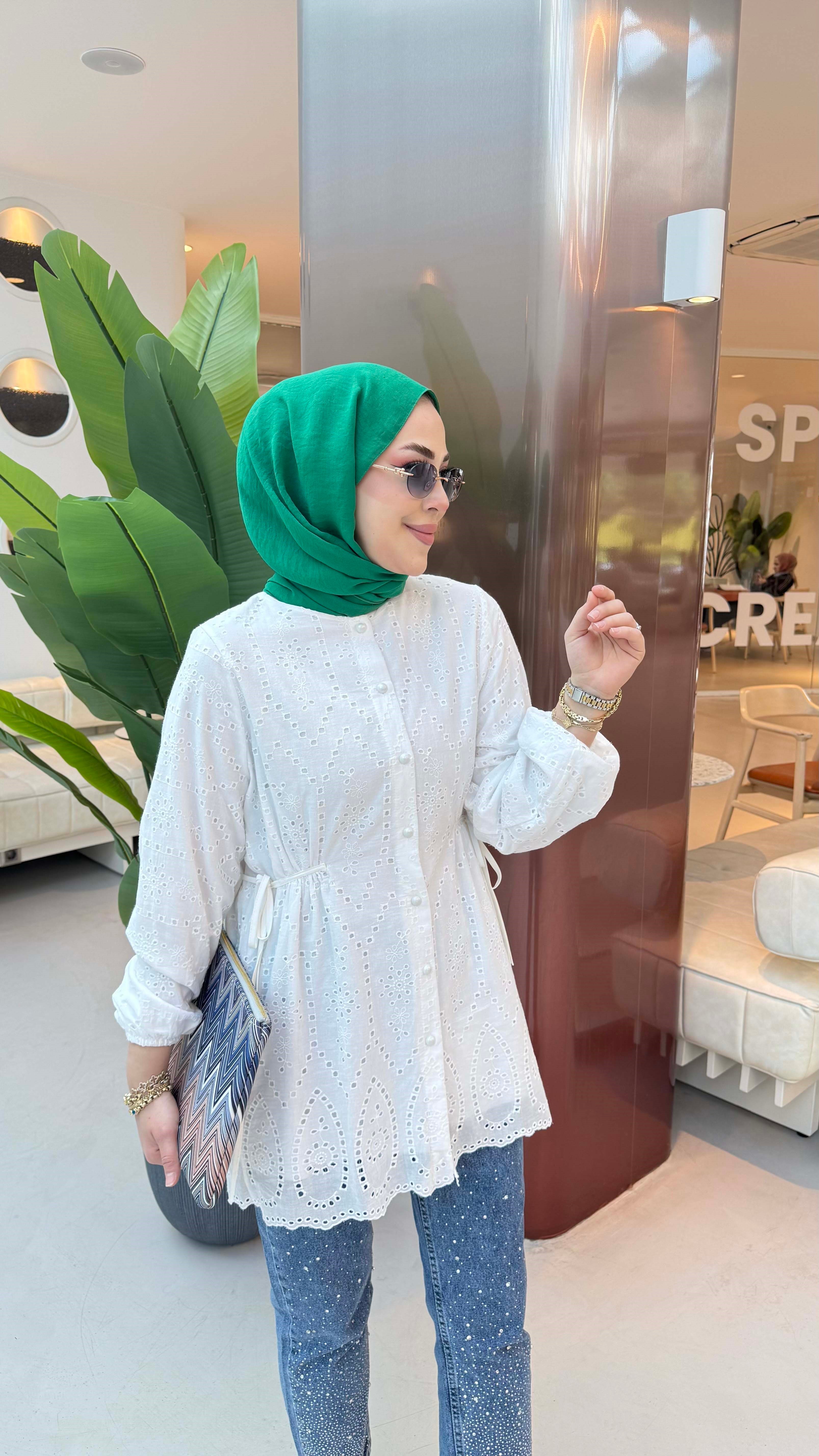 Lazer Kesim Güpür Gömlek Beyaz 7015