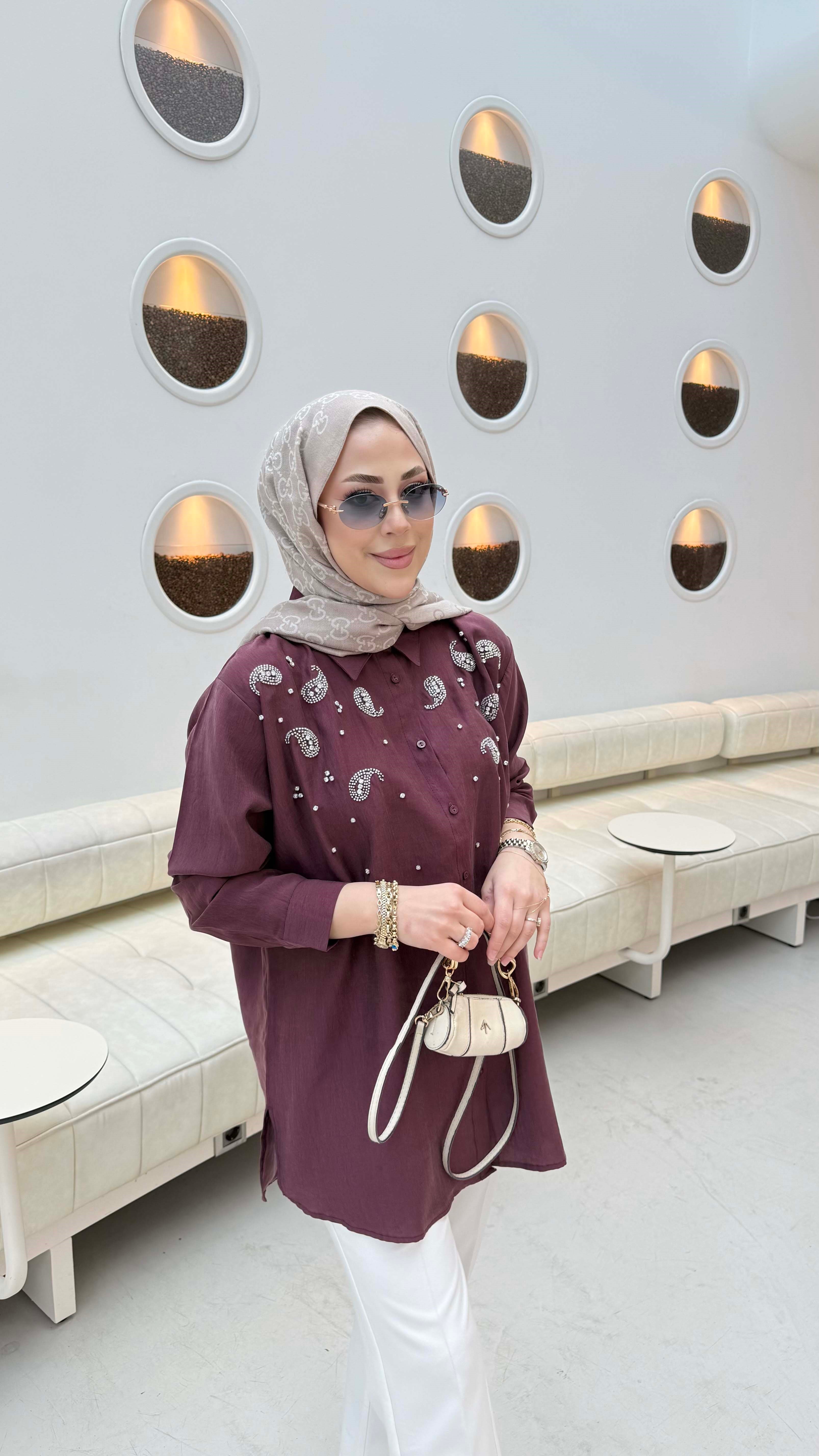 Taş İşleme Detaylı Gömlek Bordo 3387