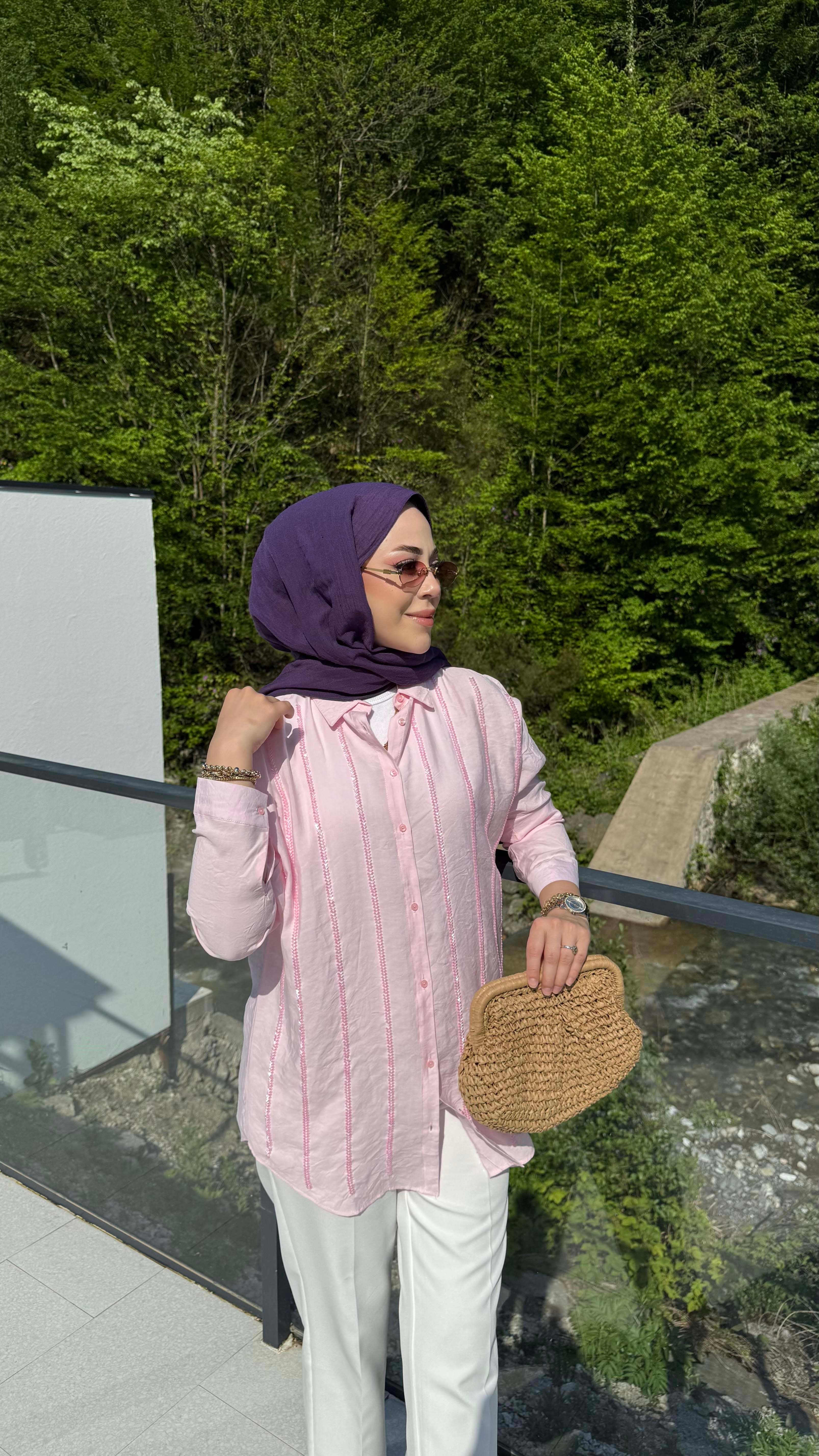 Şerit Taşlı Gömlek Pembe 5172