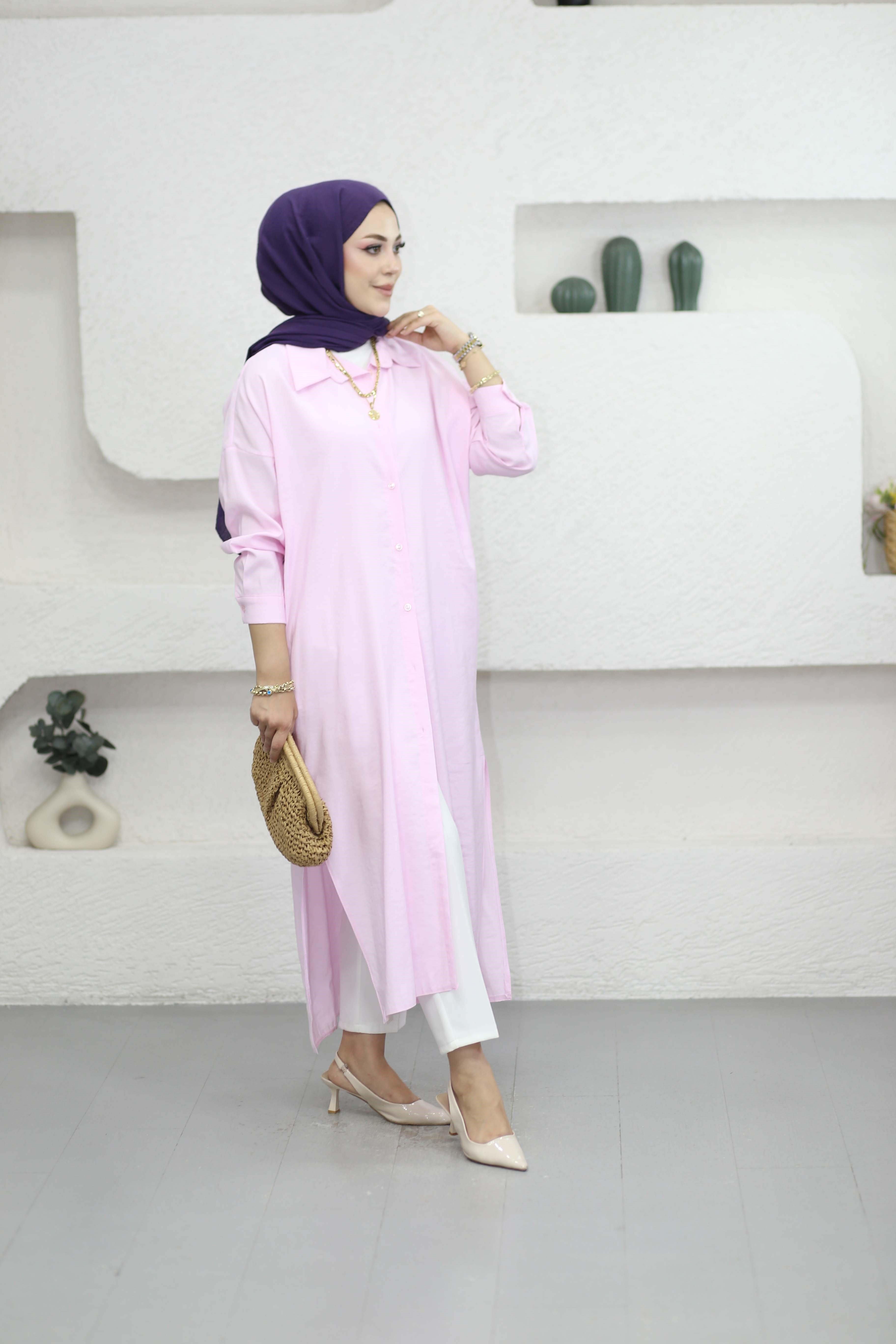 Yırtmaçlı Tam Boy Tunik Pudra 2760
