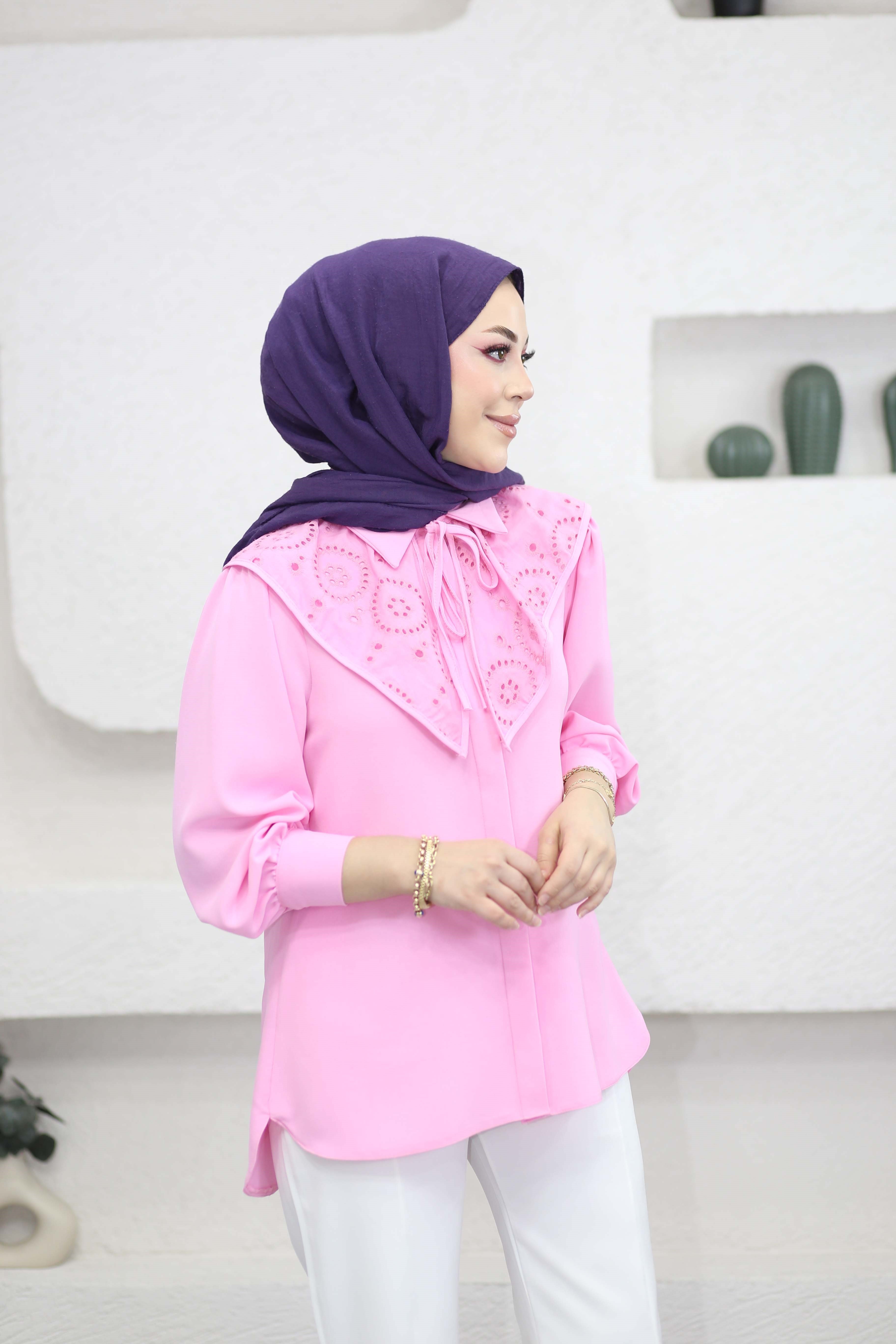 Lazer Kesim Gömlek Pembe 341