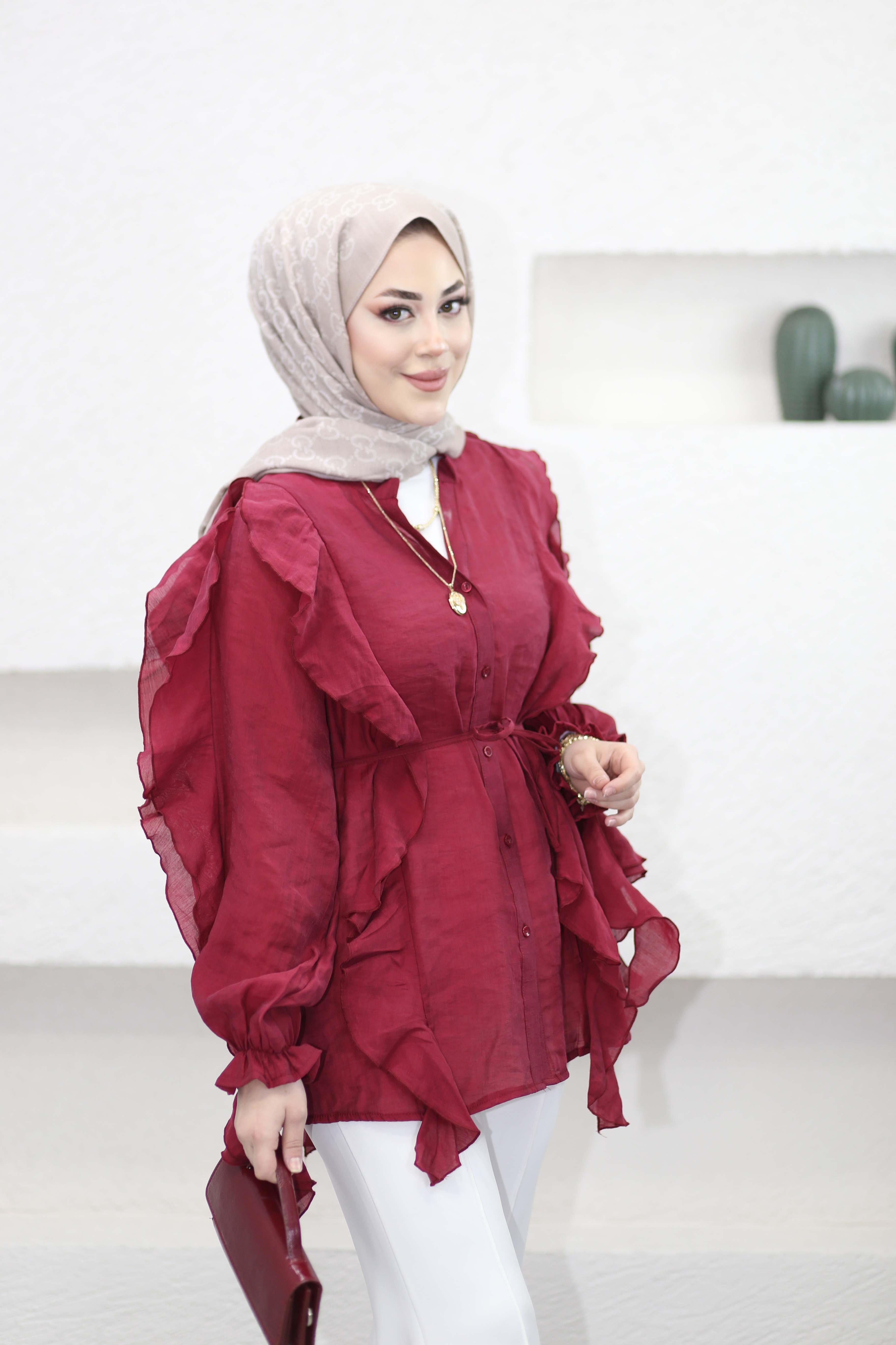 Volan Detaylı Gömlek Bordo 3240