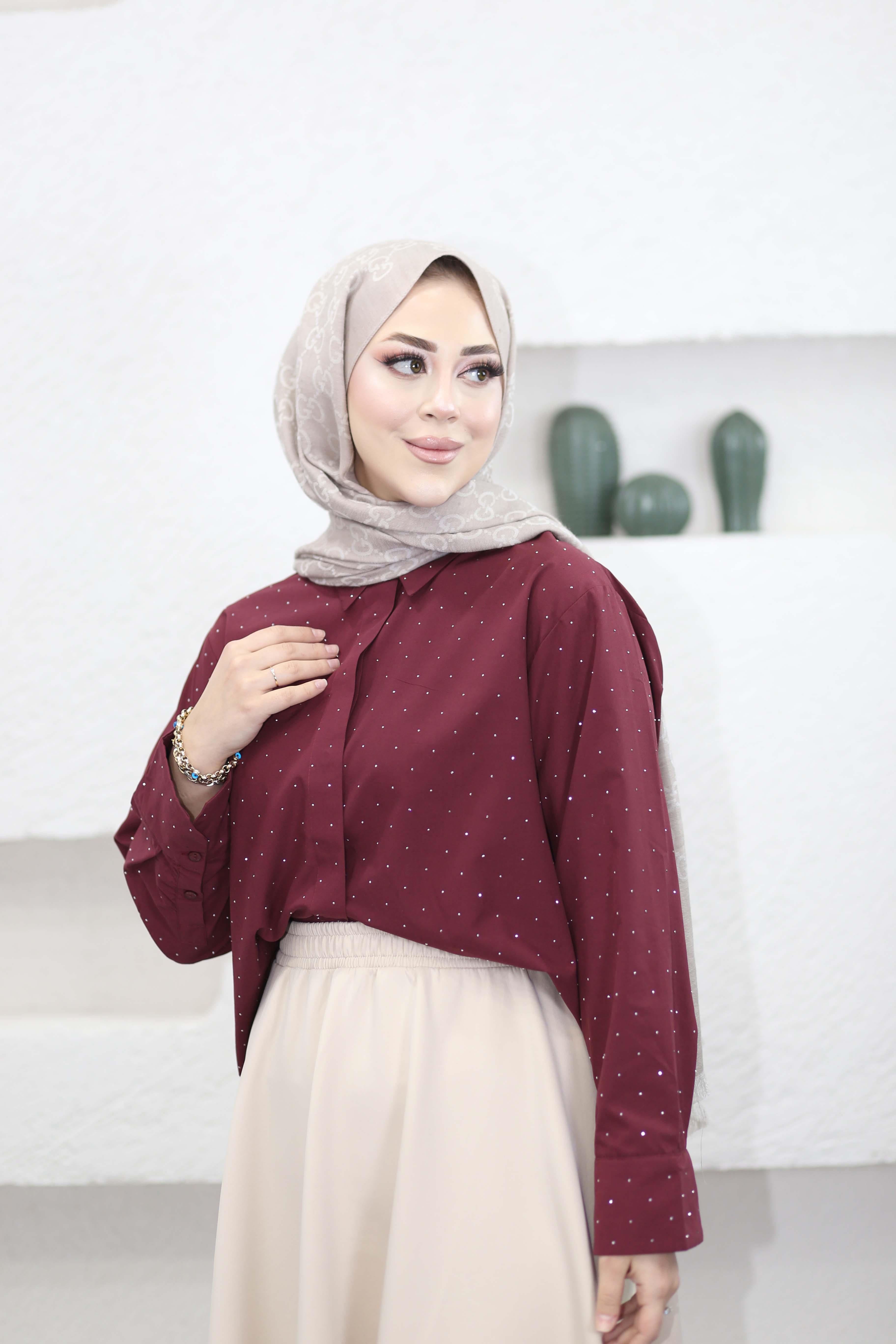 Taş İşlemeli Gömlek Bordo 25162