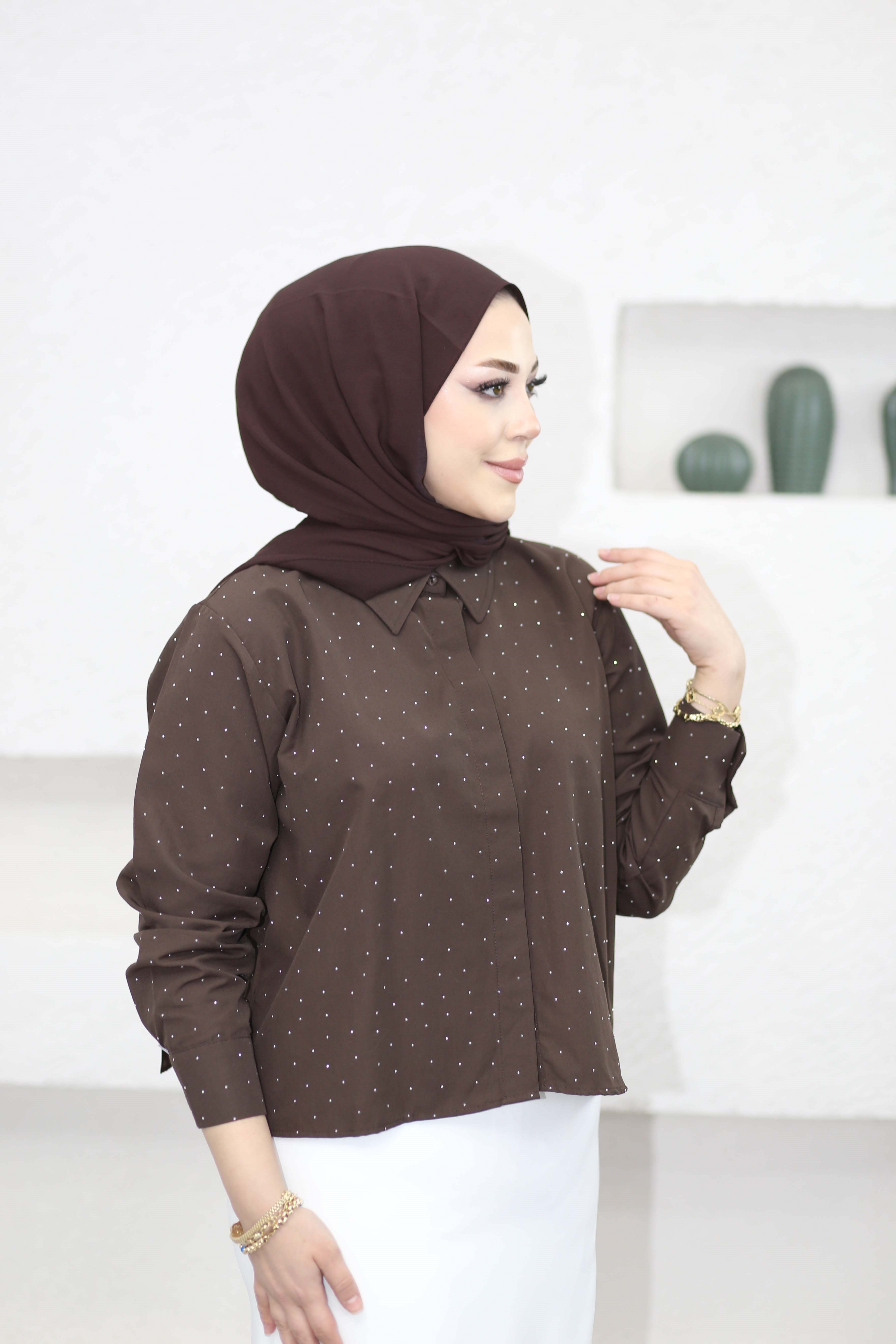Taş Detaylı Gömlek Kahverengi 3367
