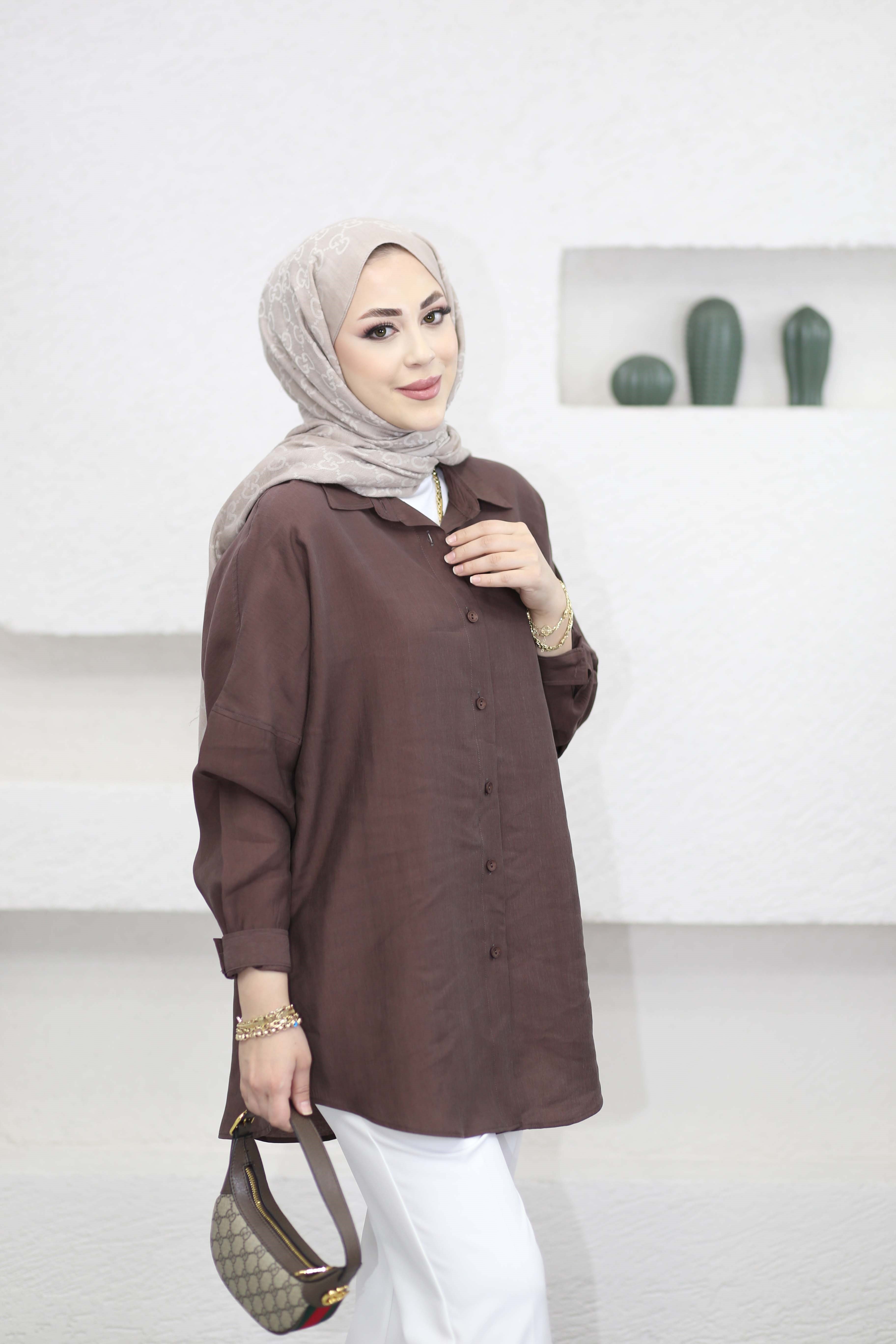 Düğmeli Salaş Gömlek Kahverengi 7539