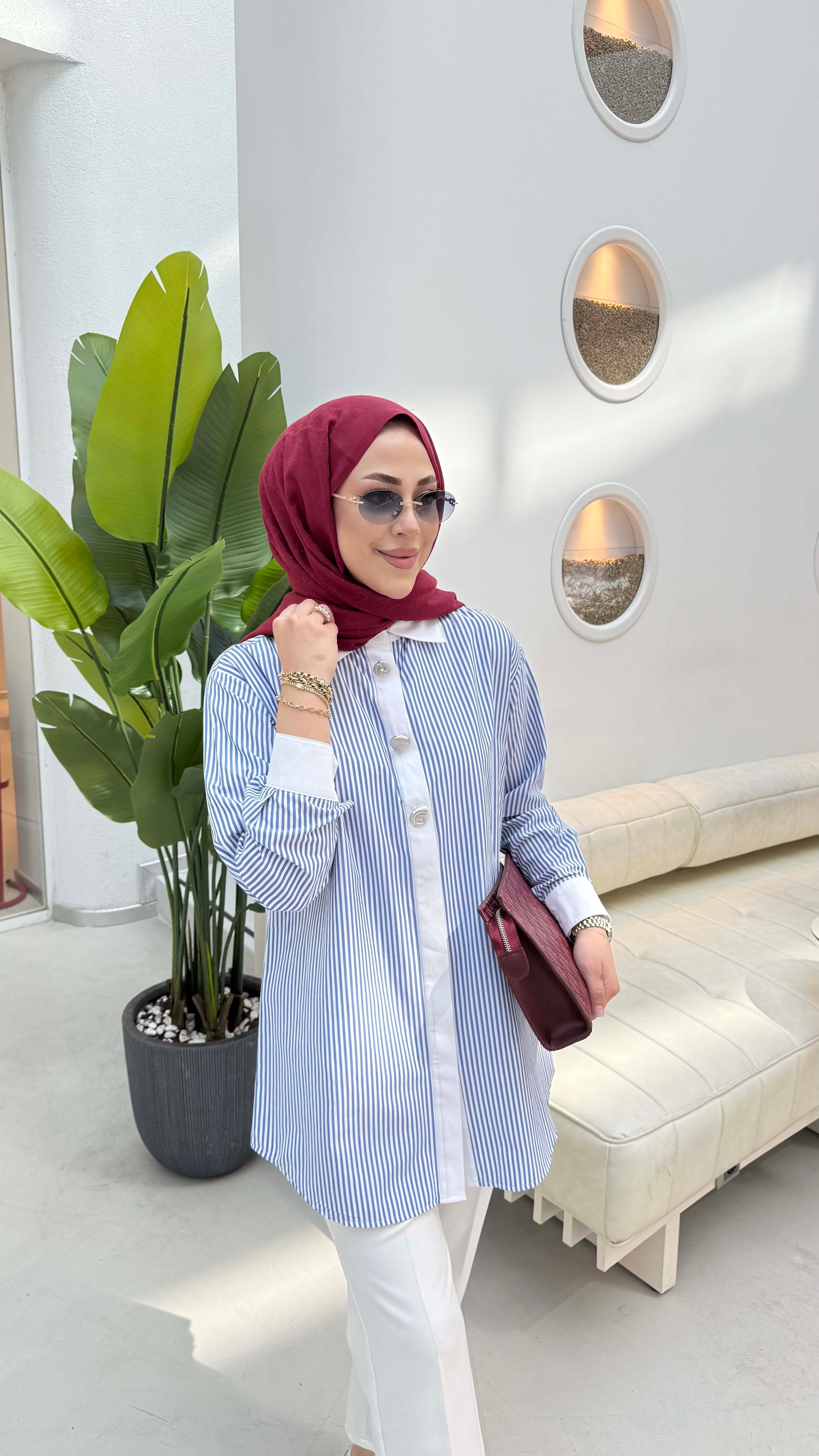 Çizgili Düğmeli Gömlek Mavi 1520