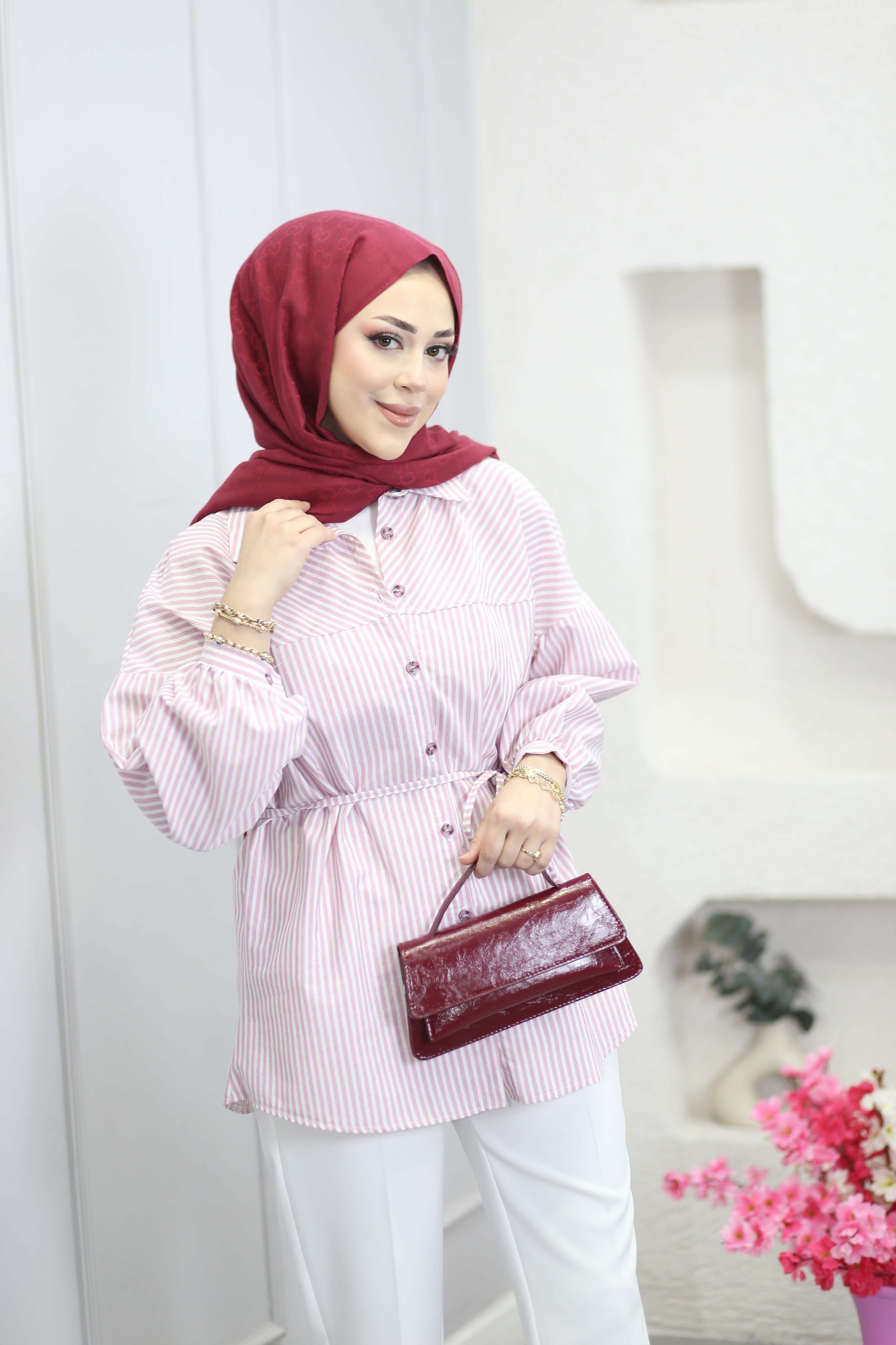 Kuşaklı Oversize Basıc Gömlek Pembe 6446