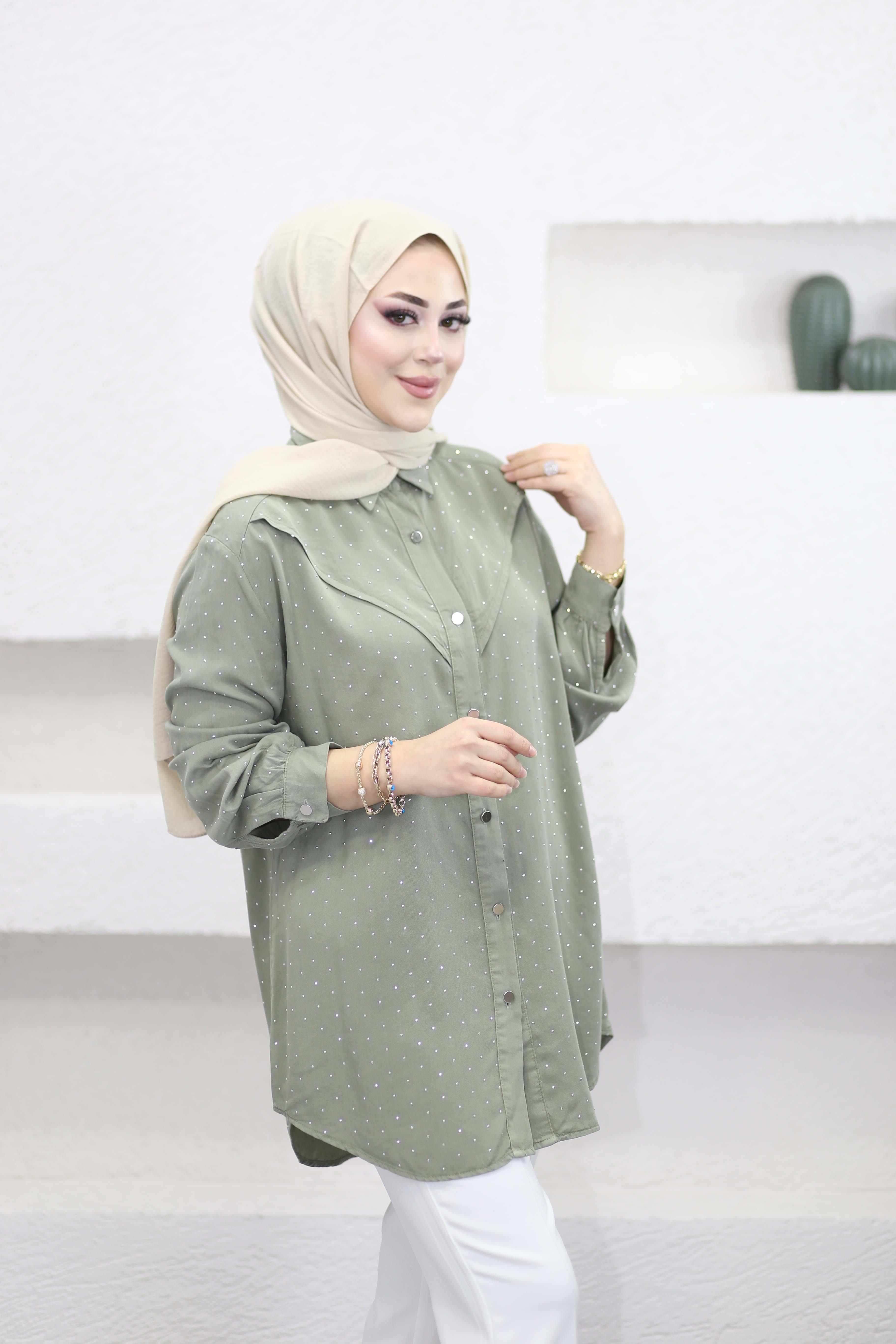 Taşlı Tencel Gömlek Çağla Yeşili 7421