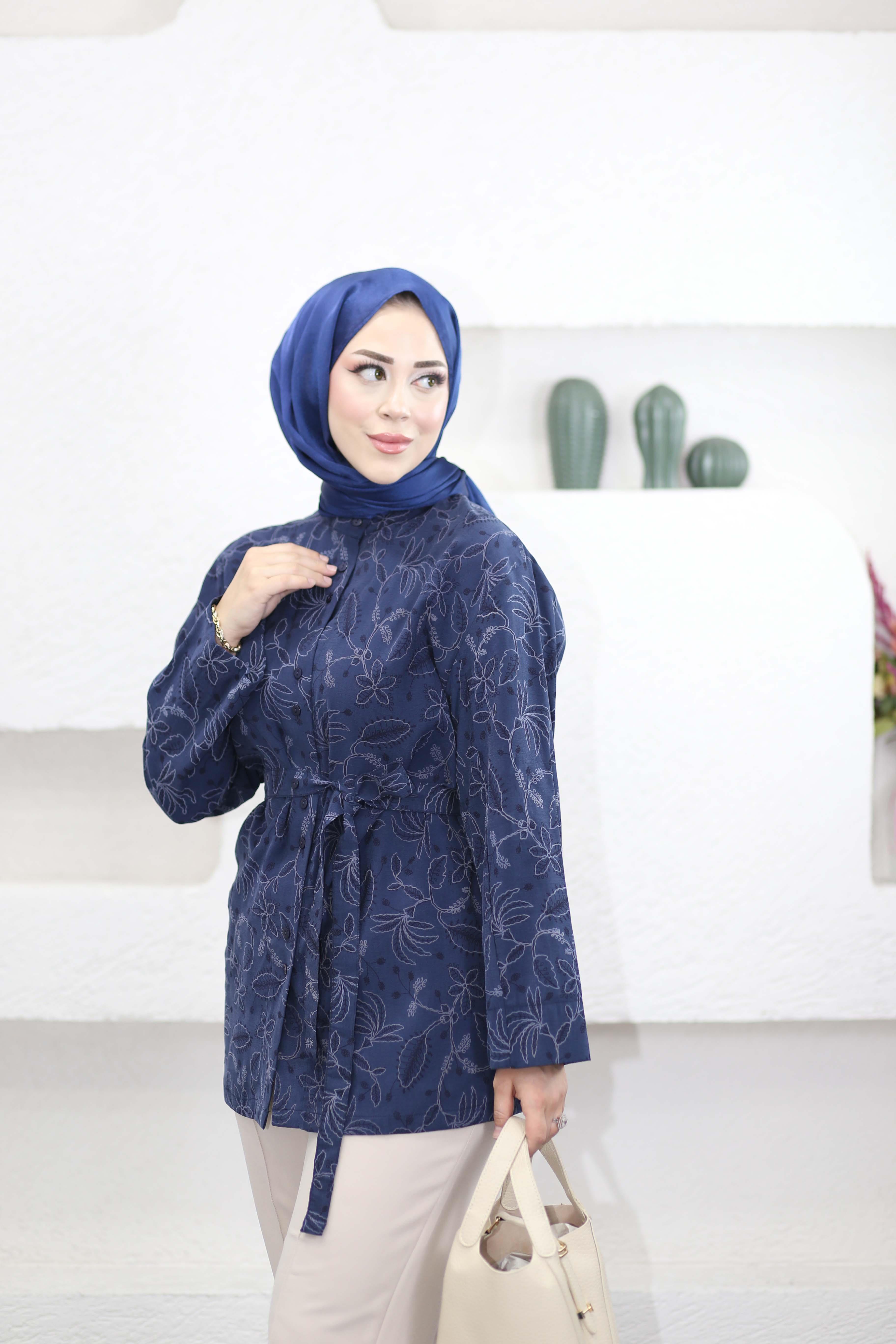Yaprak Desen Brode Gömlek Lacivert 51185