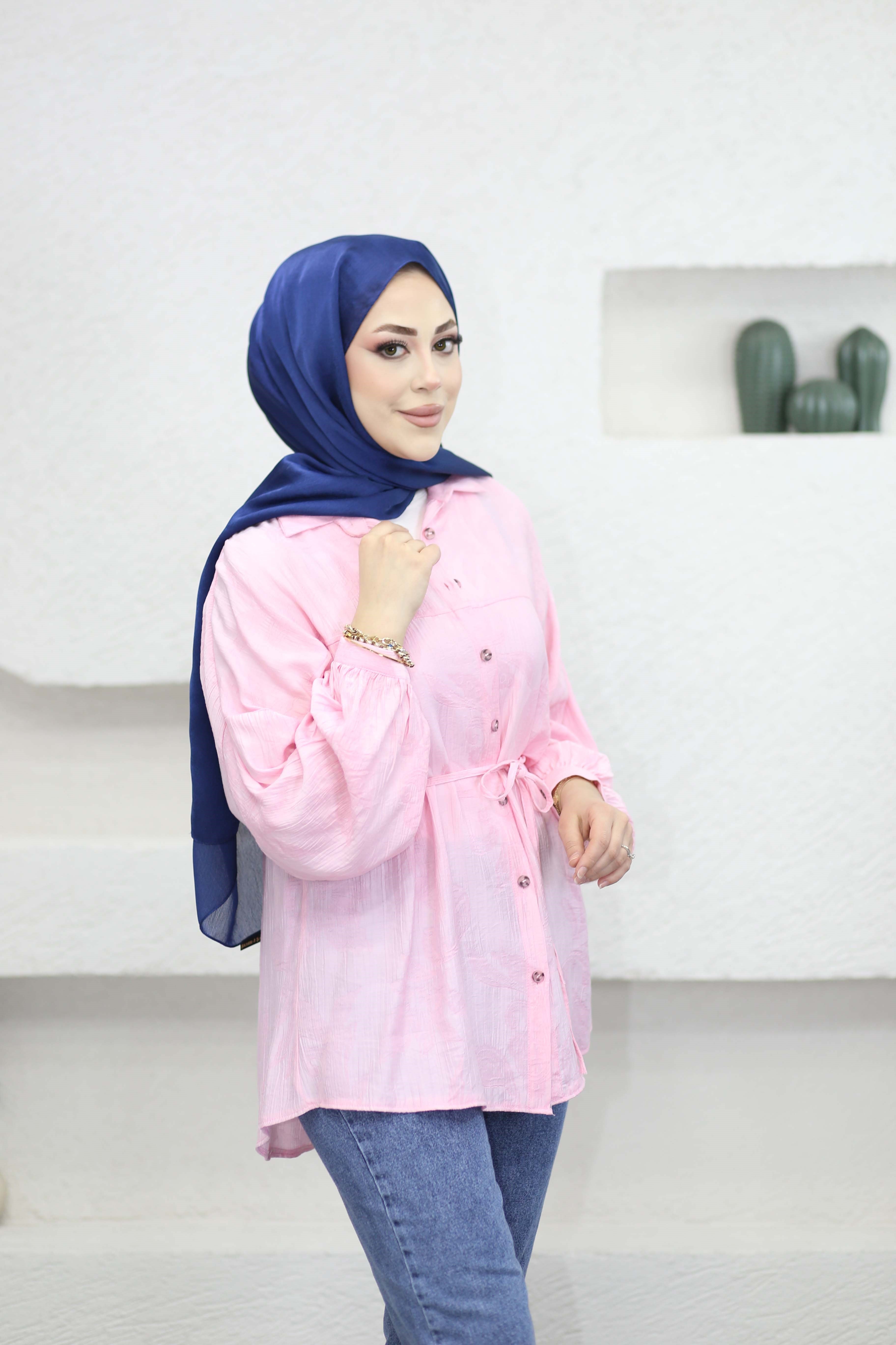 Kendinden Desenli Gömlek Pembe 5822