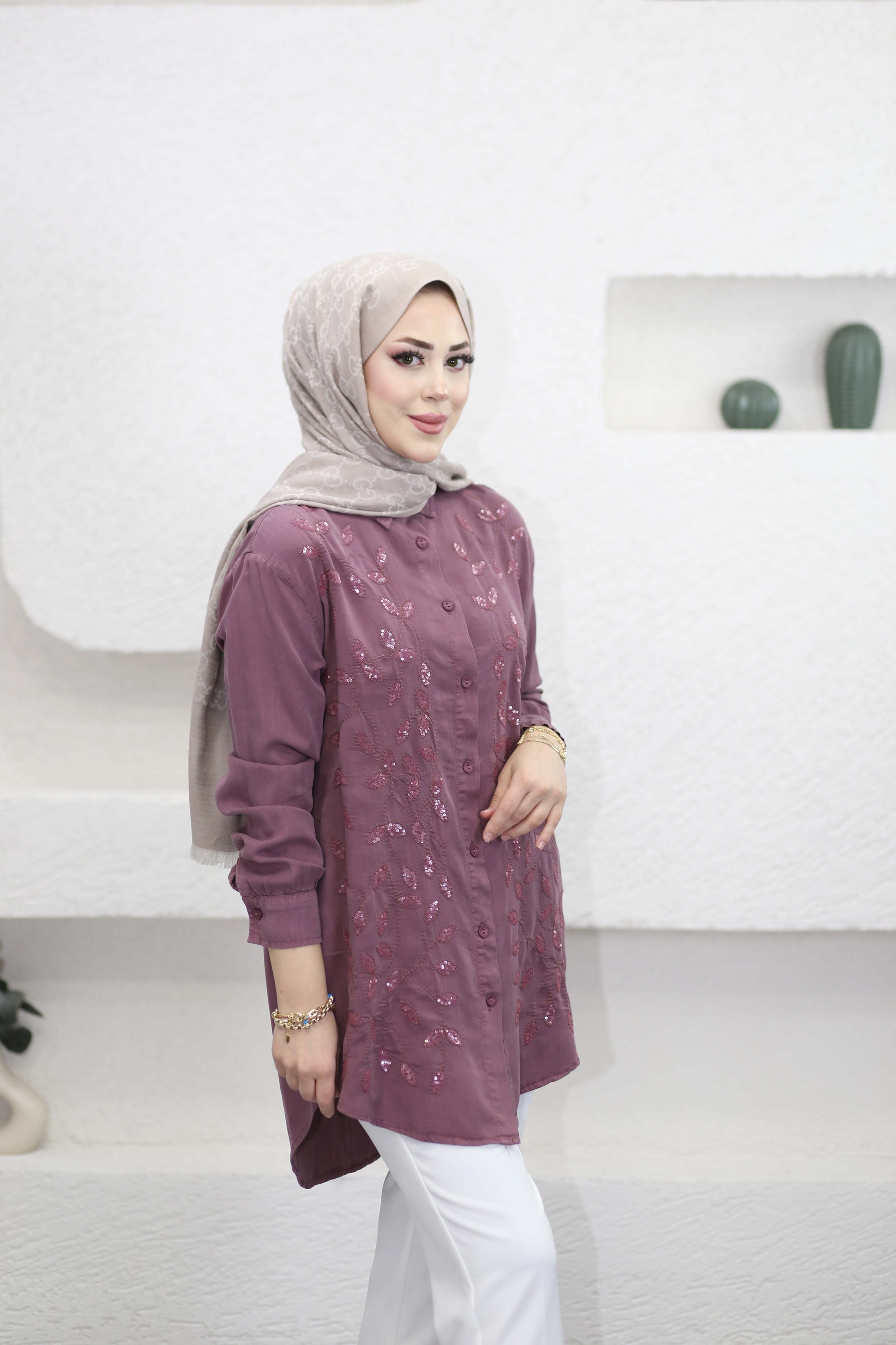 Yaprak İşlemeli Tencel Gömlek Gül Kurusu 7504