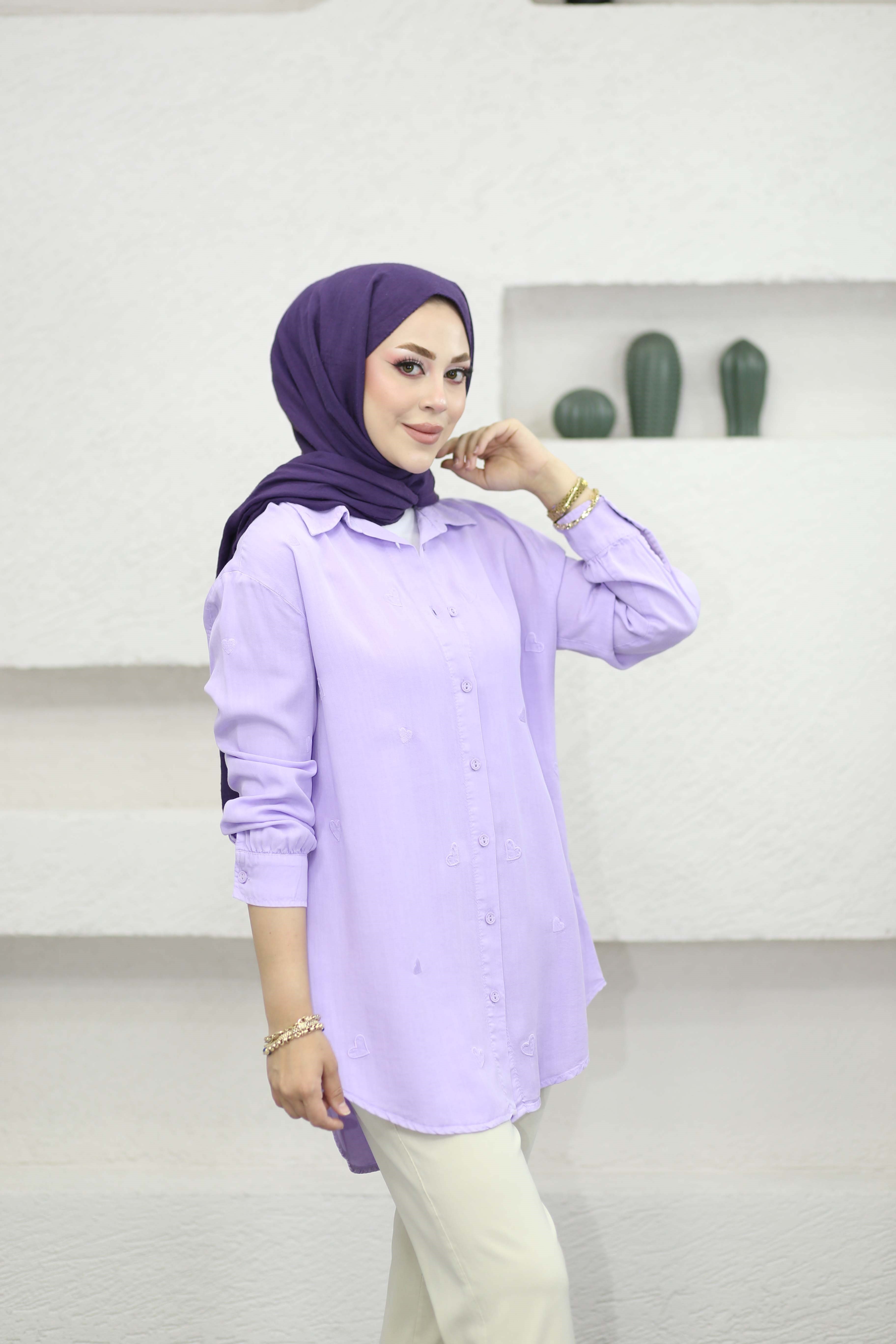 Mini Kalpli Tencel Gömlek Lila 7463
