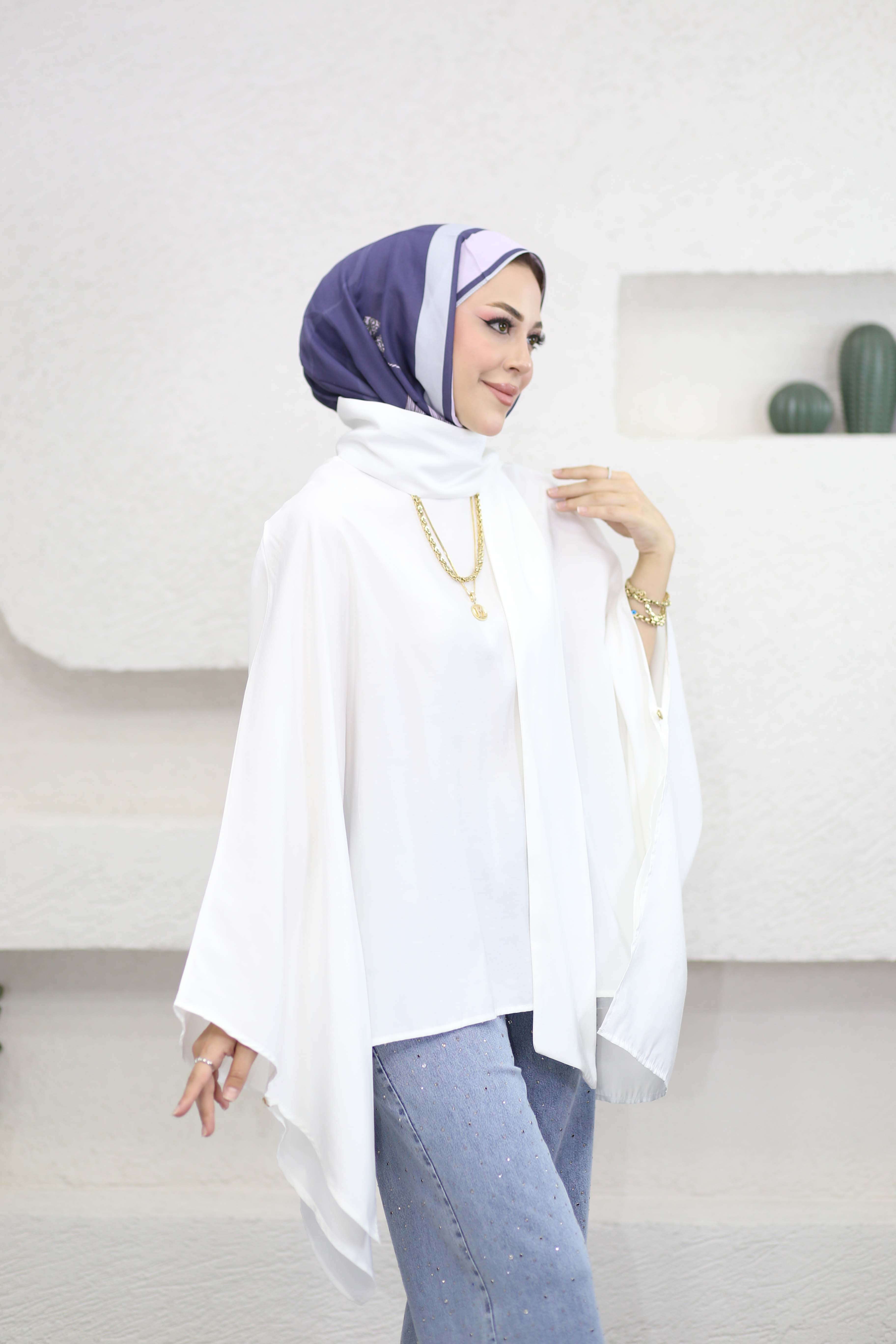 Yarasa Kol Şal Detaylı Bluz Beyaz 2268