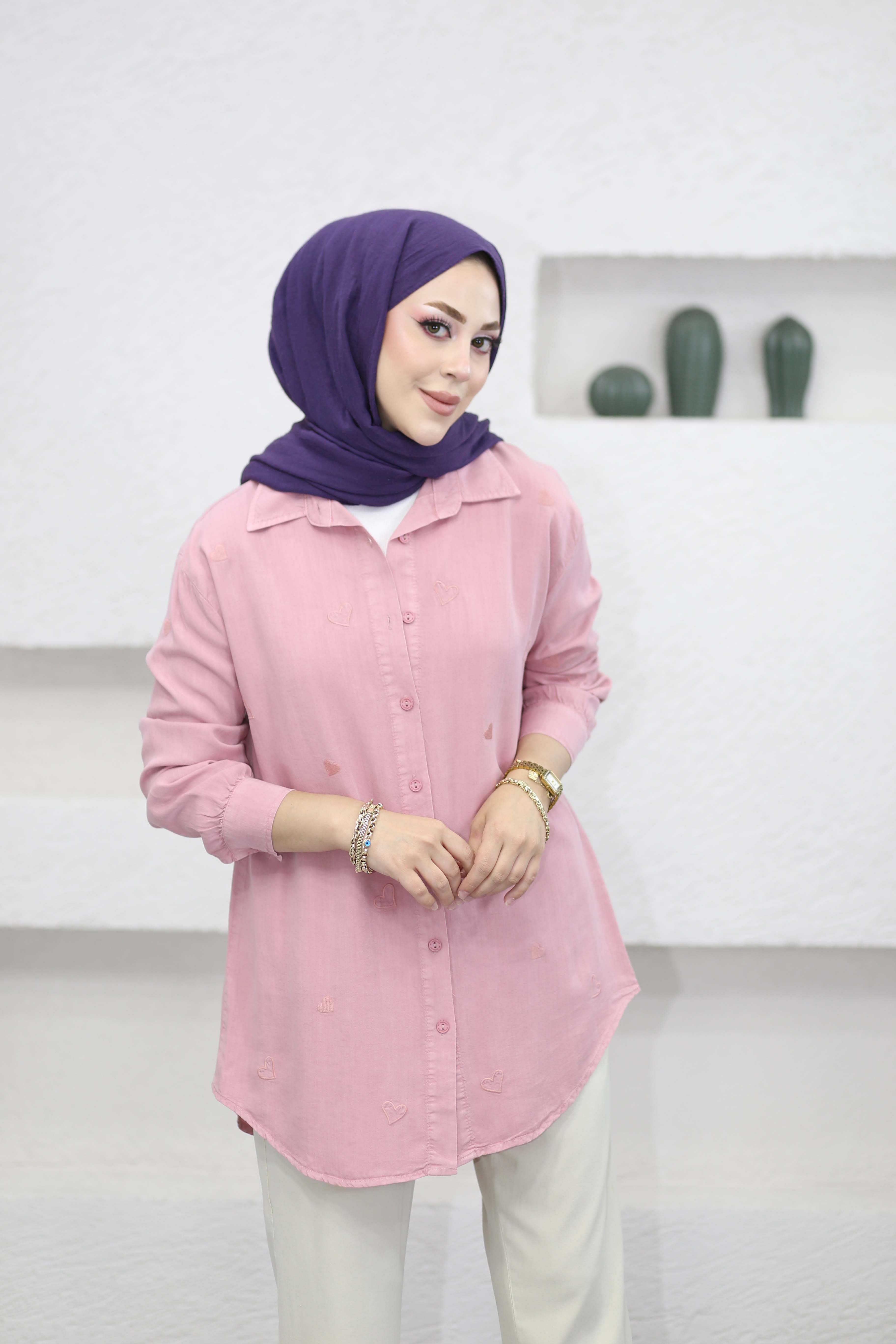 Mini Kalpli Tencel Gömlek Pembe 7463