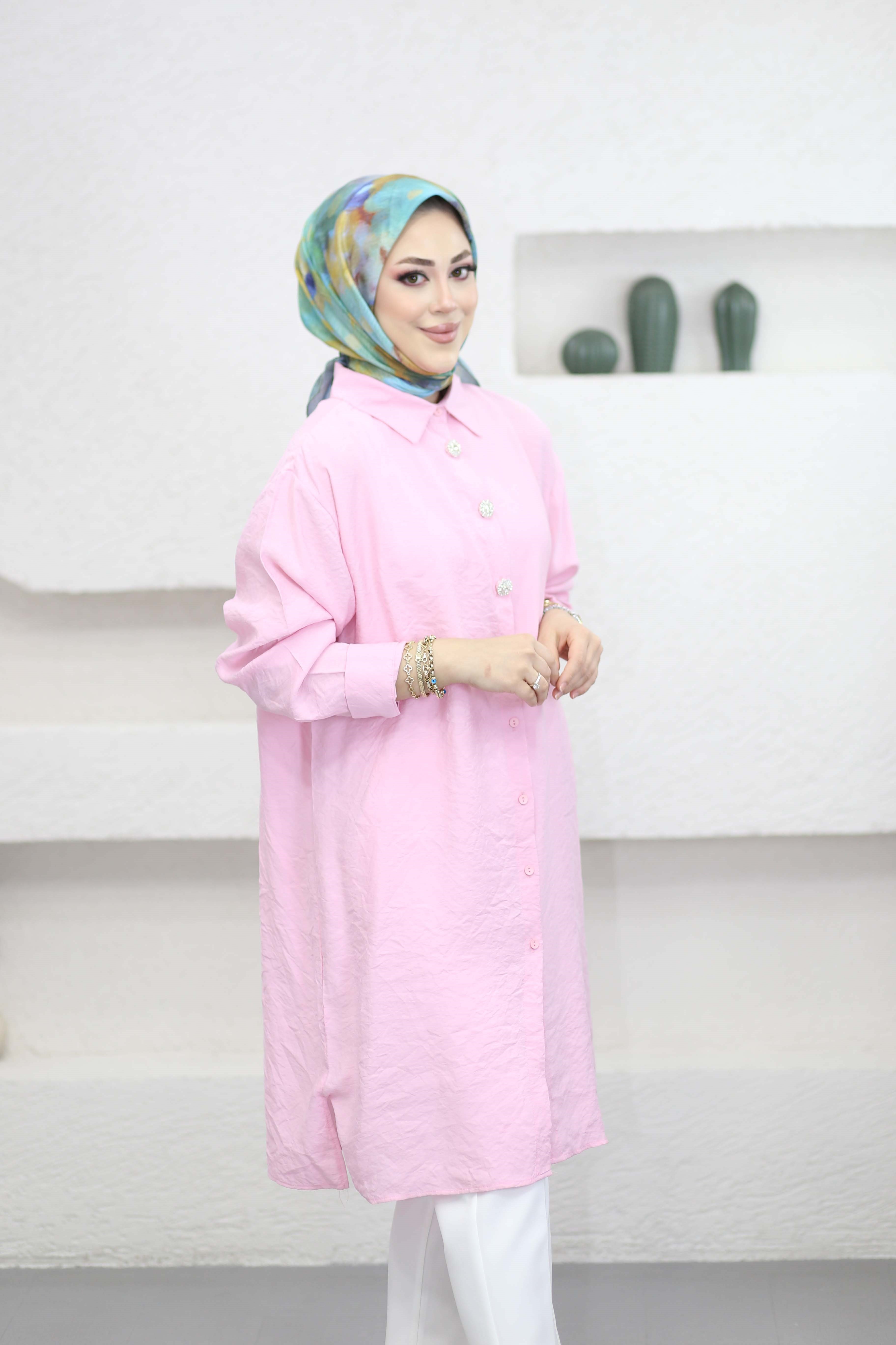 Şeritli Stil Uzun Gömlek Pembe 260148