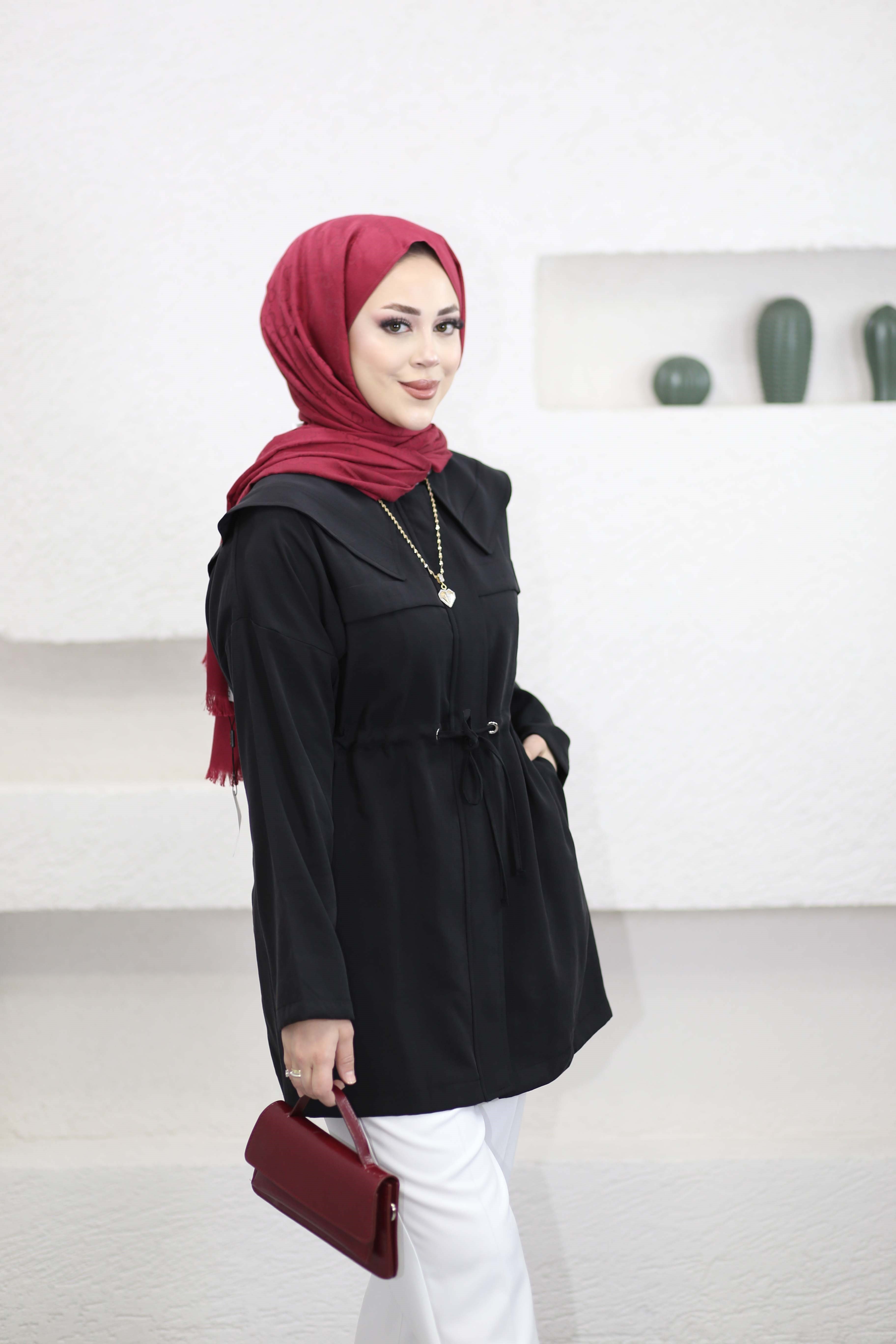 Beli Tünelli Şal Yaka Modal Tunik Siyah 2106
