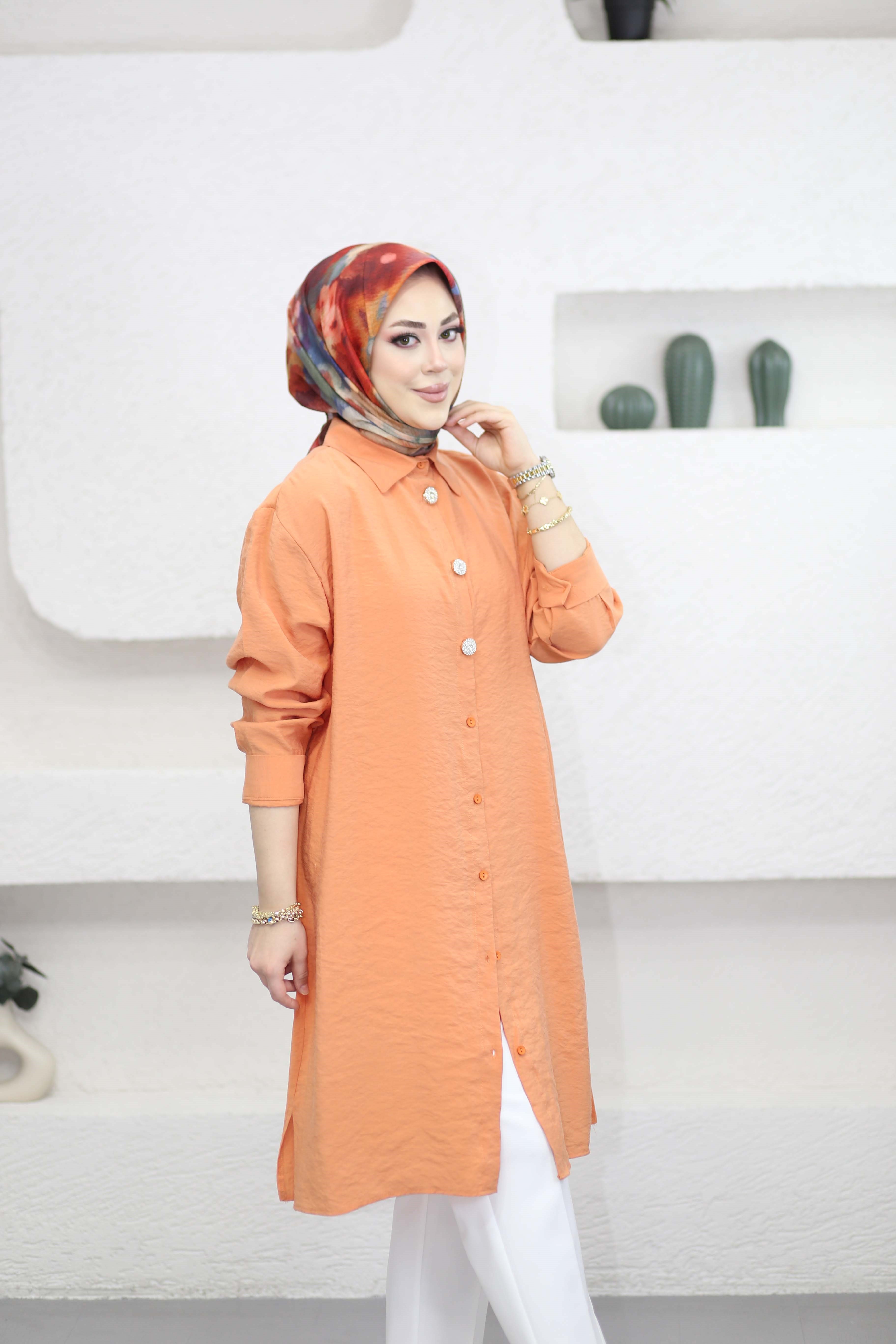 Şeritli Stil Uzun Gömlek Turuncu 260148