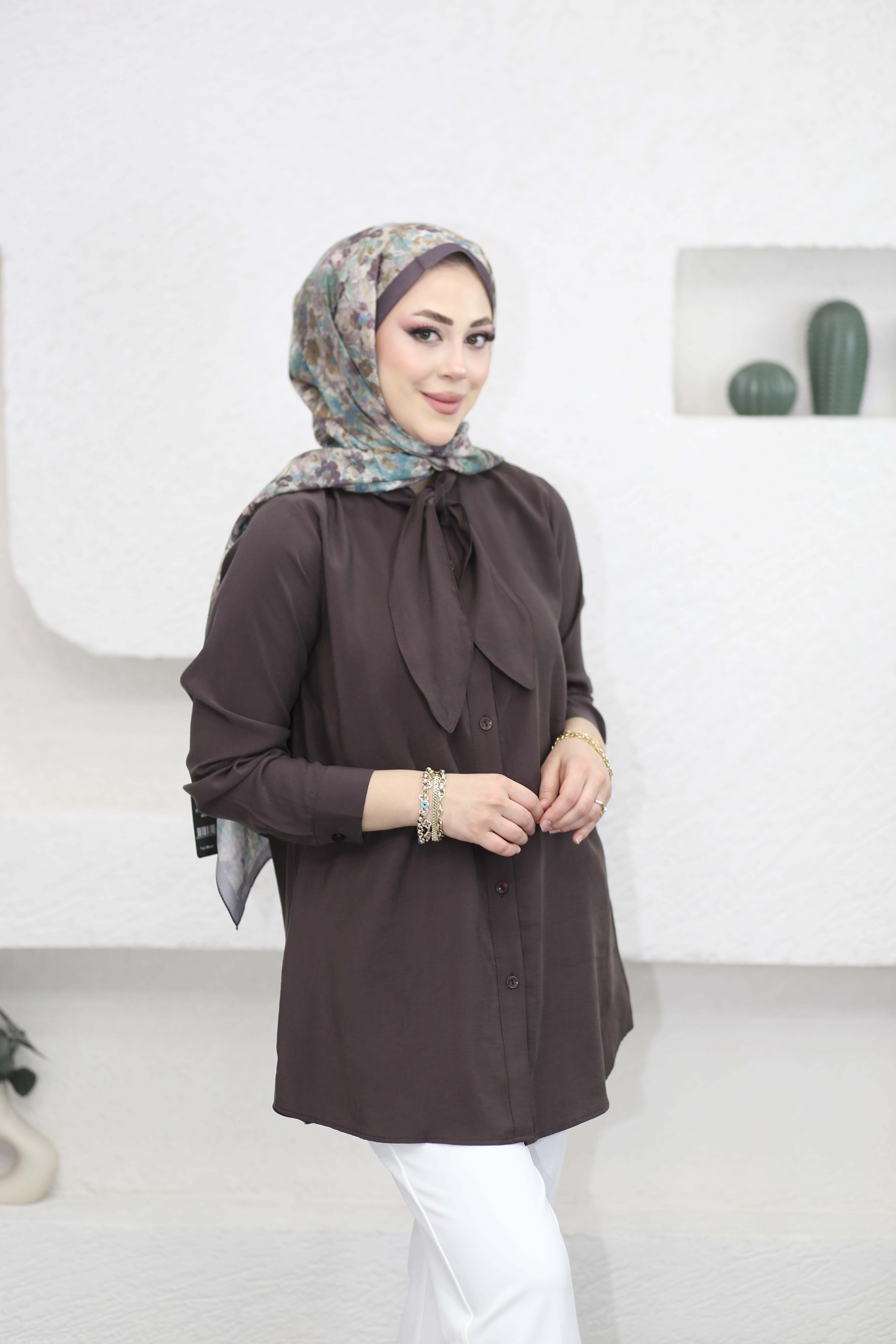 Yakası Fularlı Modal Tunik Kahverengi 2145