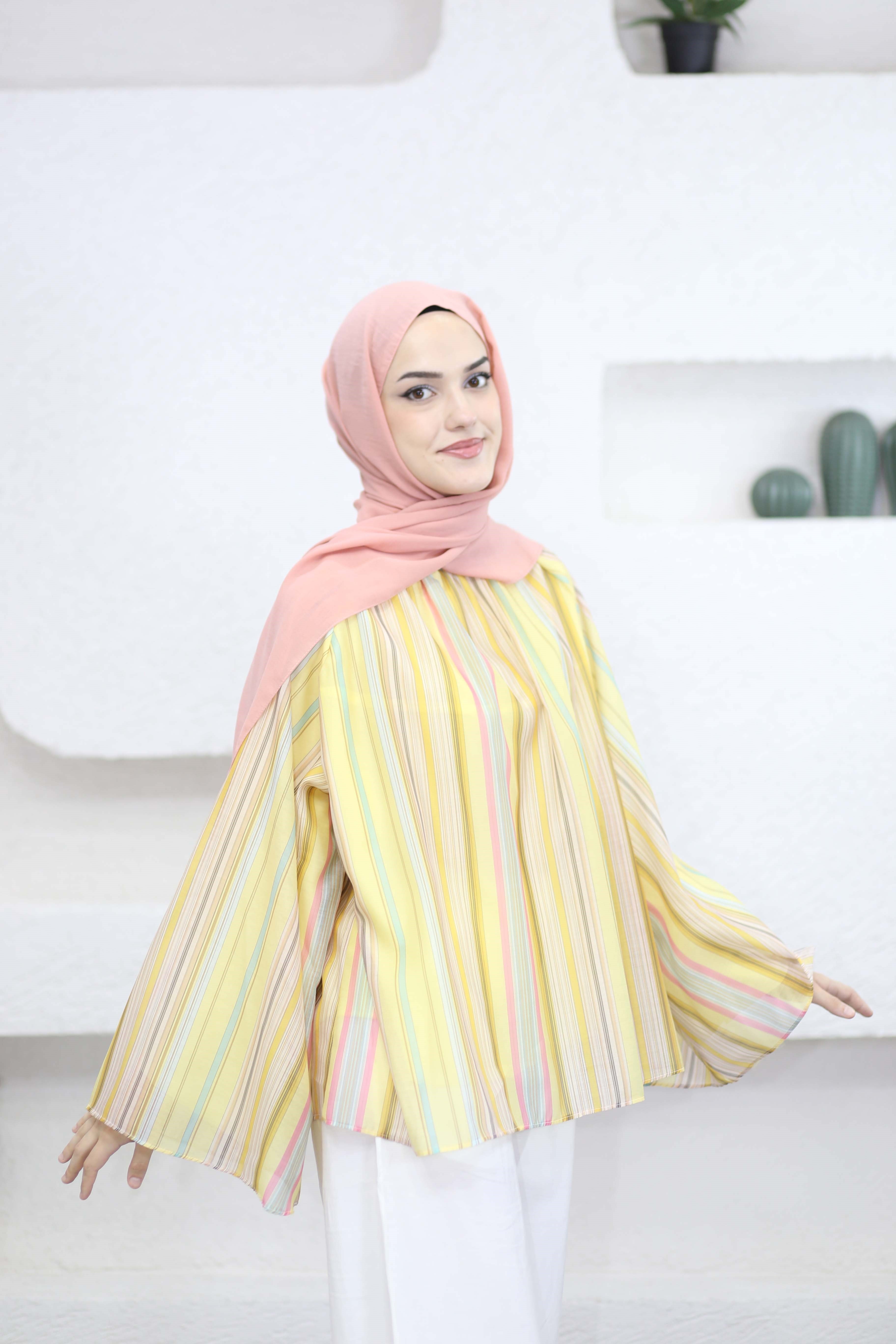 Çizgili Emprime Bluz Sarı 2798