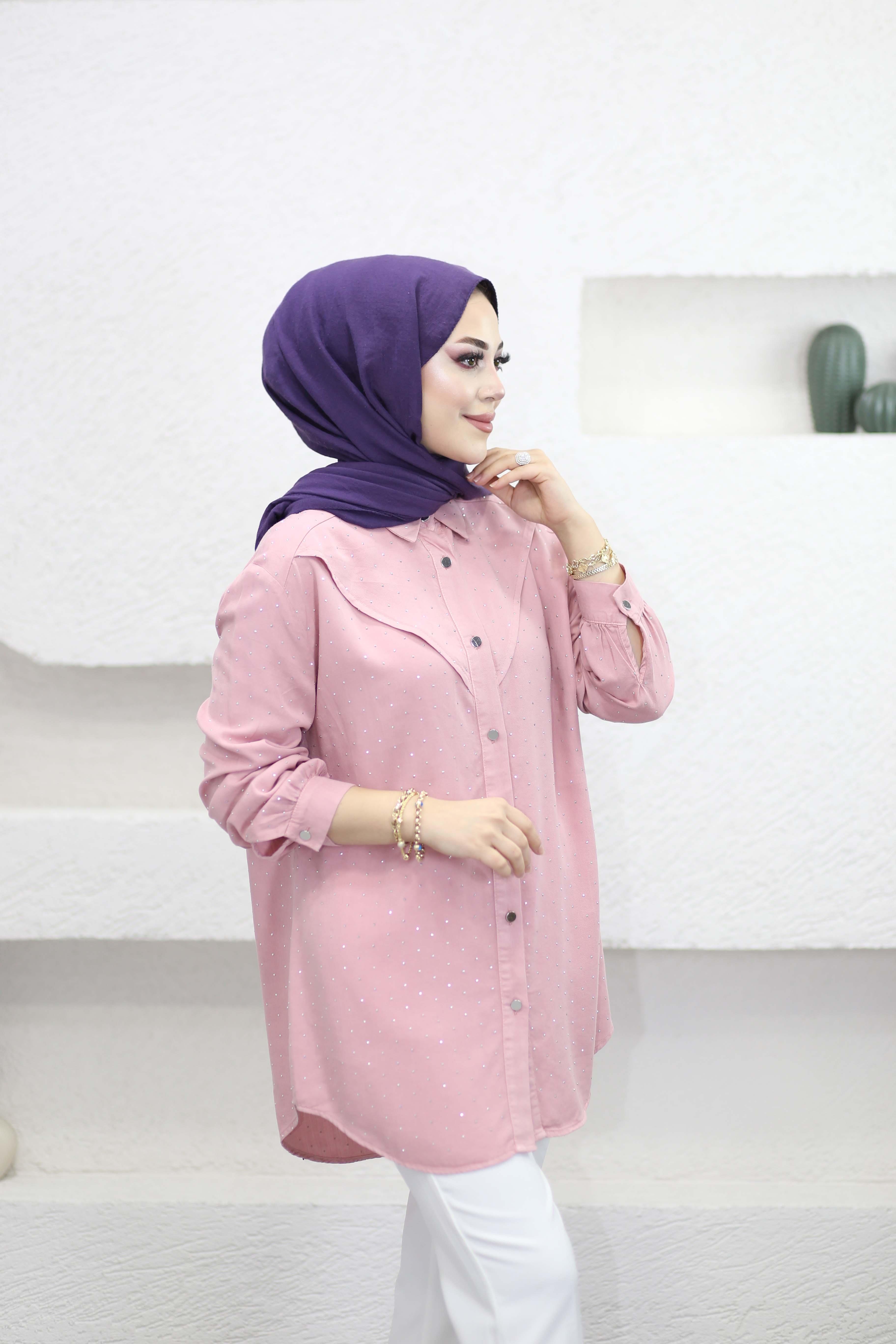 Taşlı Tencel Gömlek Pembe 7421