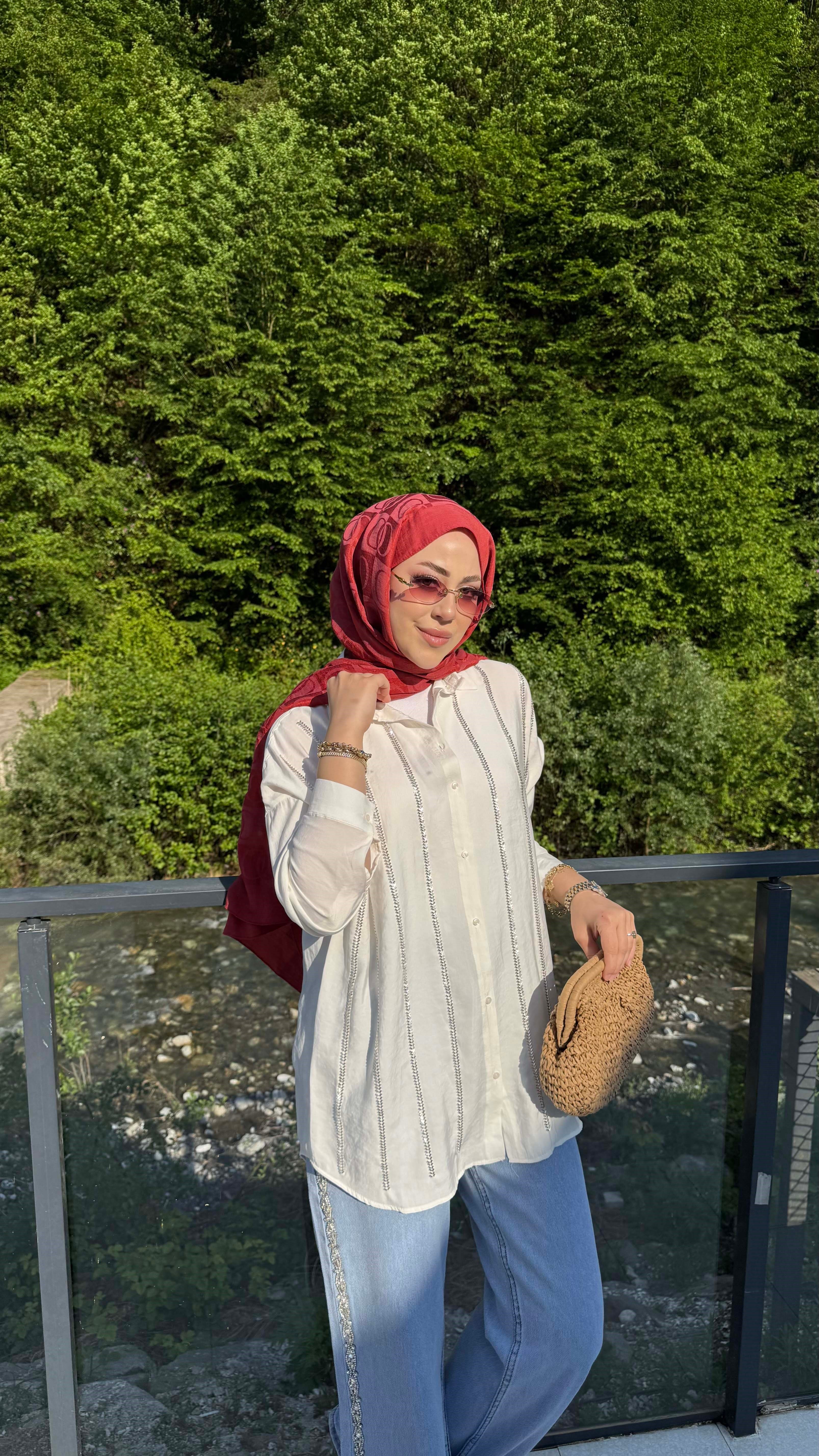 Şerit Taşlı Gömlek Beyaz 5172