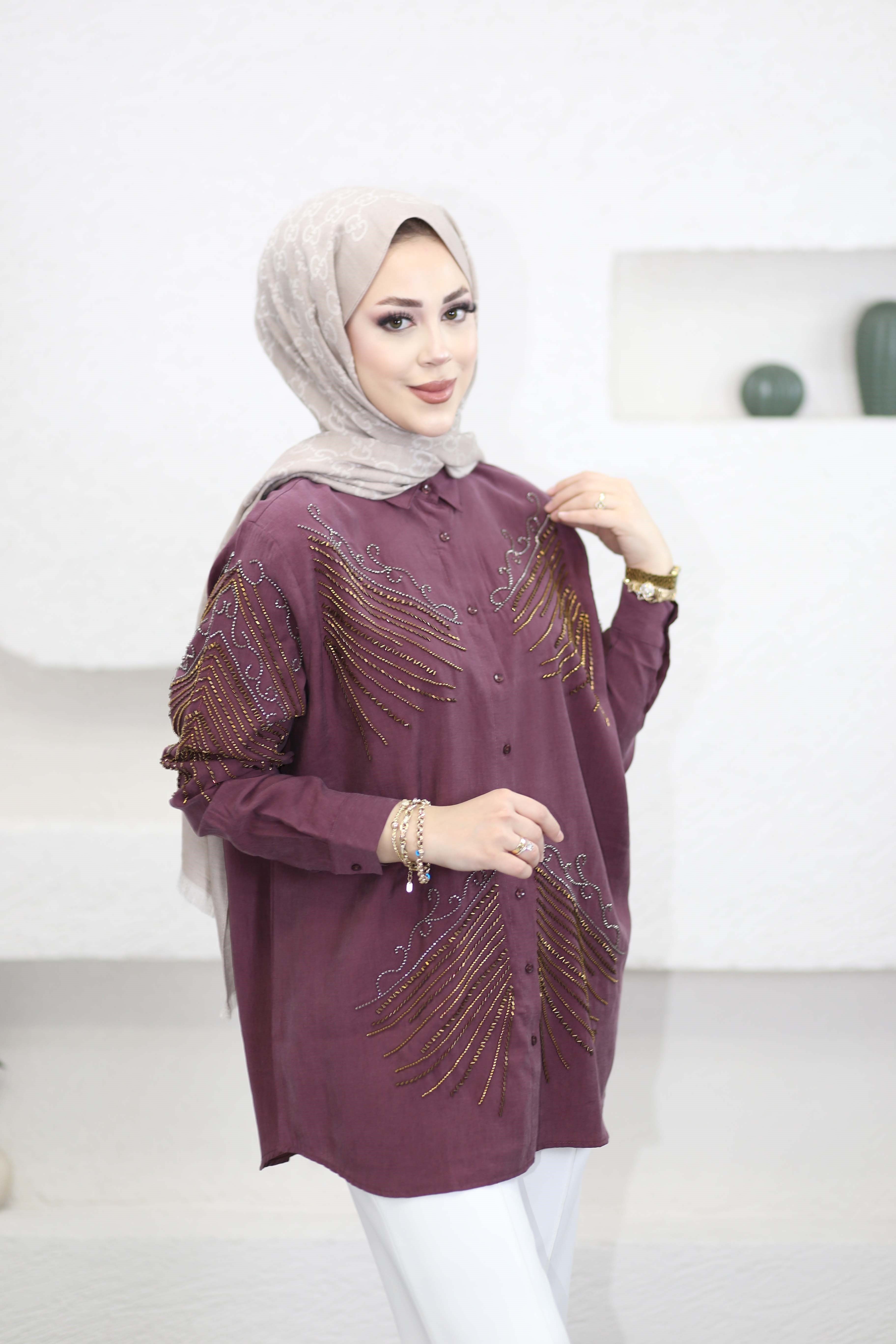 Sarmaşık Taşlı Gömlek Bordo 2121