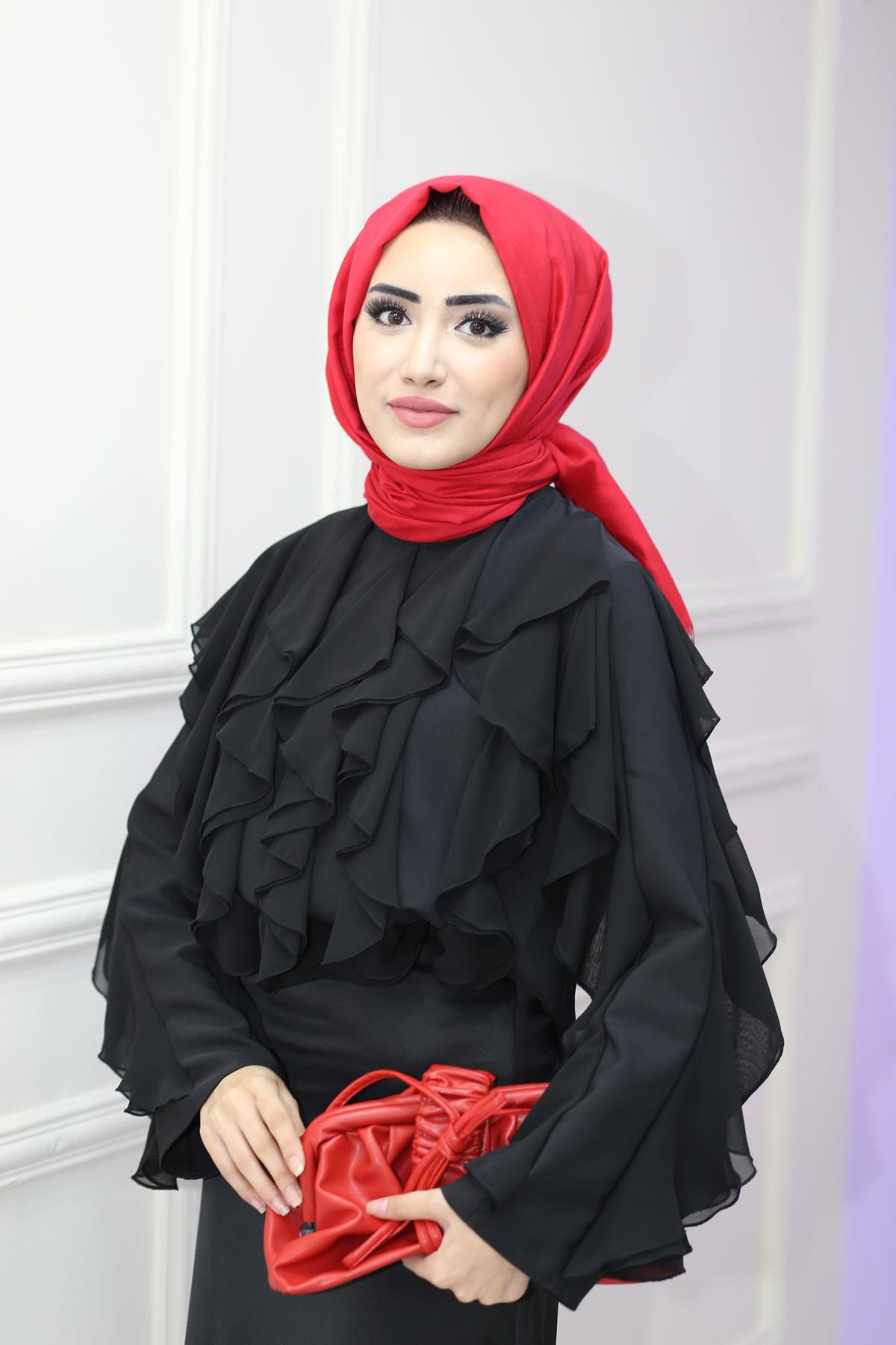 Fırfırlı Şifon Bluz Siyah 2406