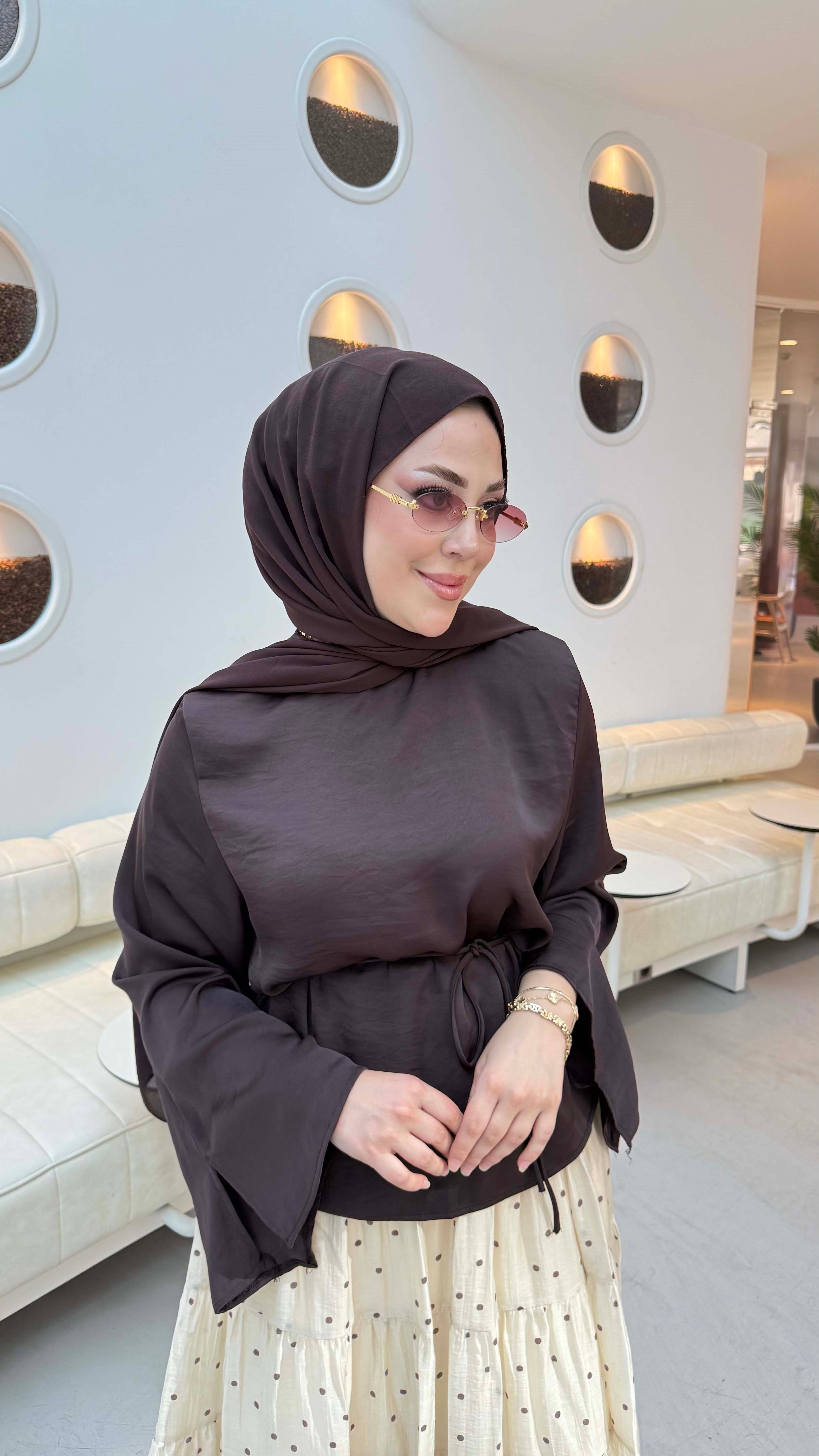 Bağlamalı Saten Gömlek Kahverengi 5264