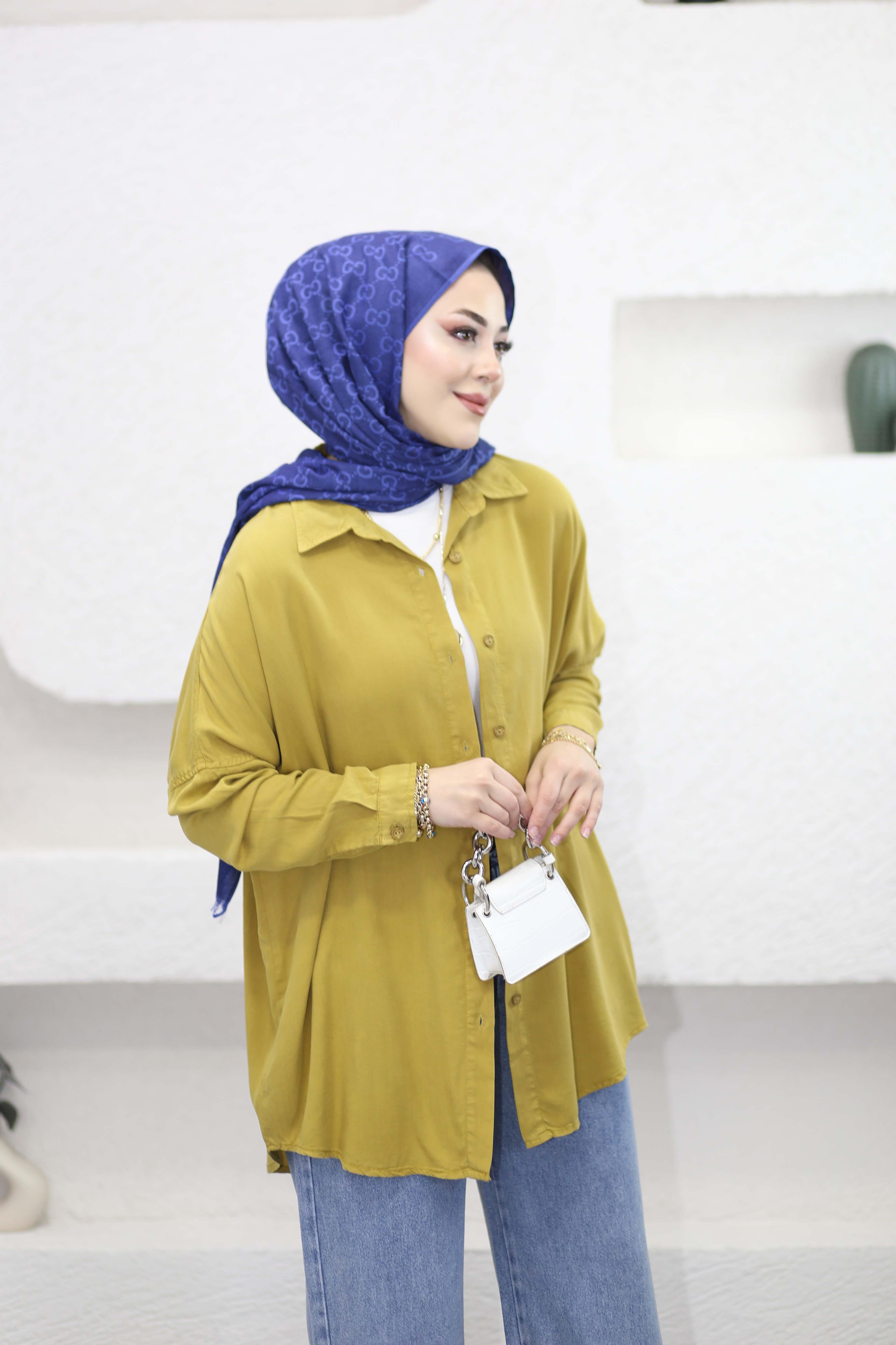 Oversize Tencel Gömlek Yağ Yeşili 7351