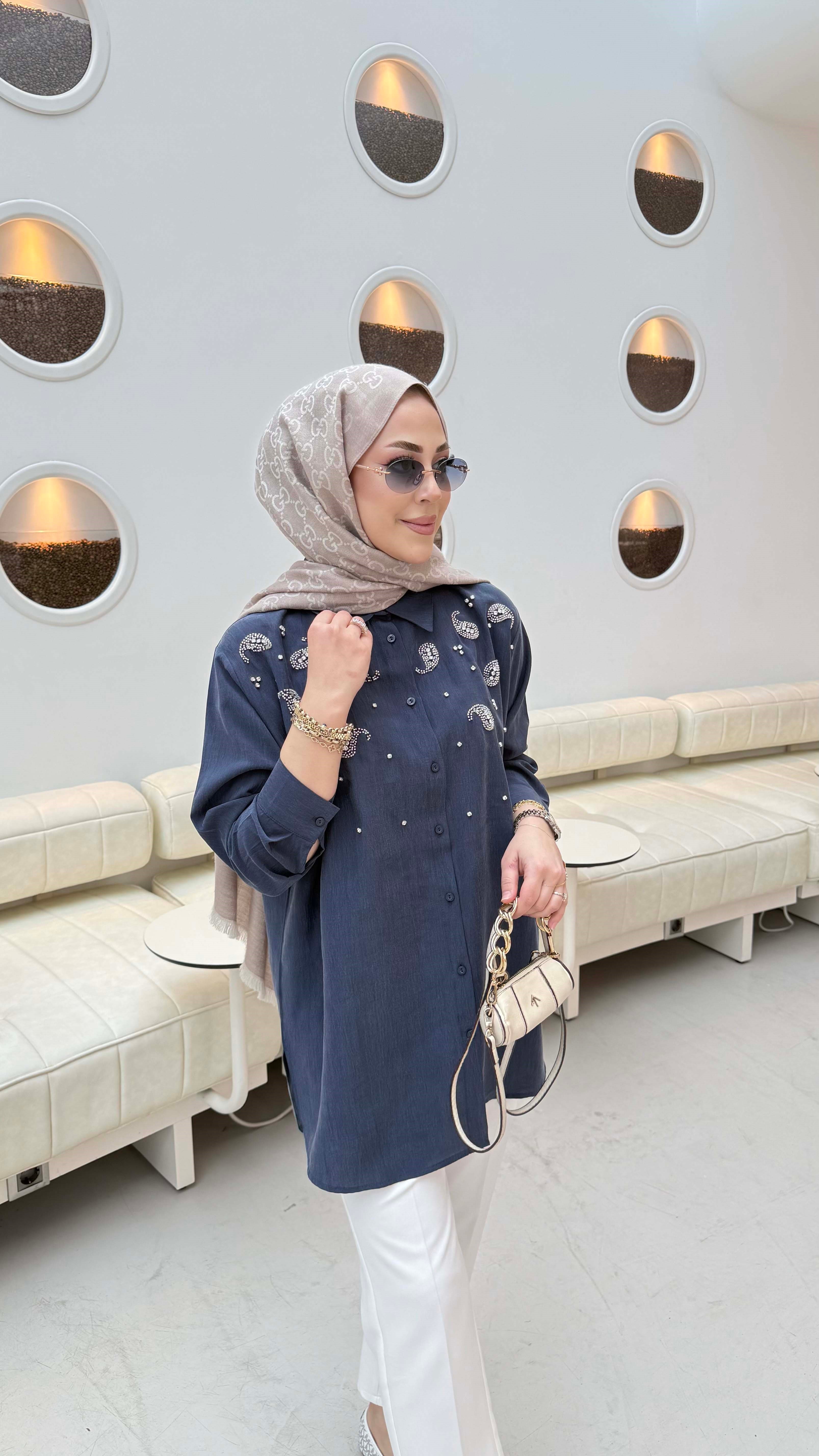 Taş İşleme Detaylı Gömlek Lacivert 3387