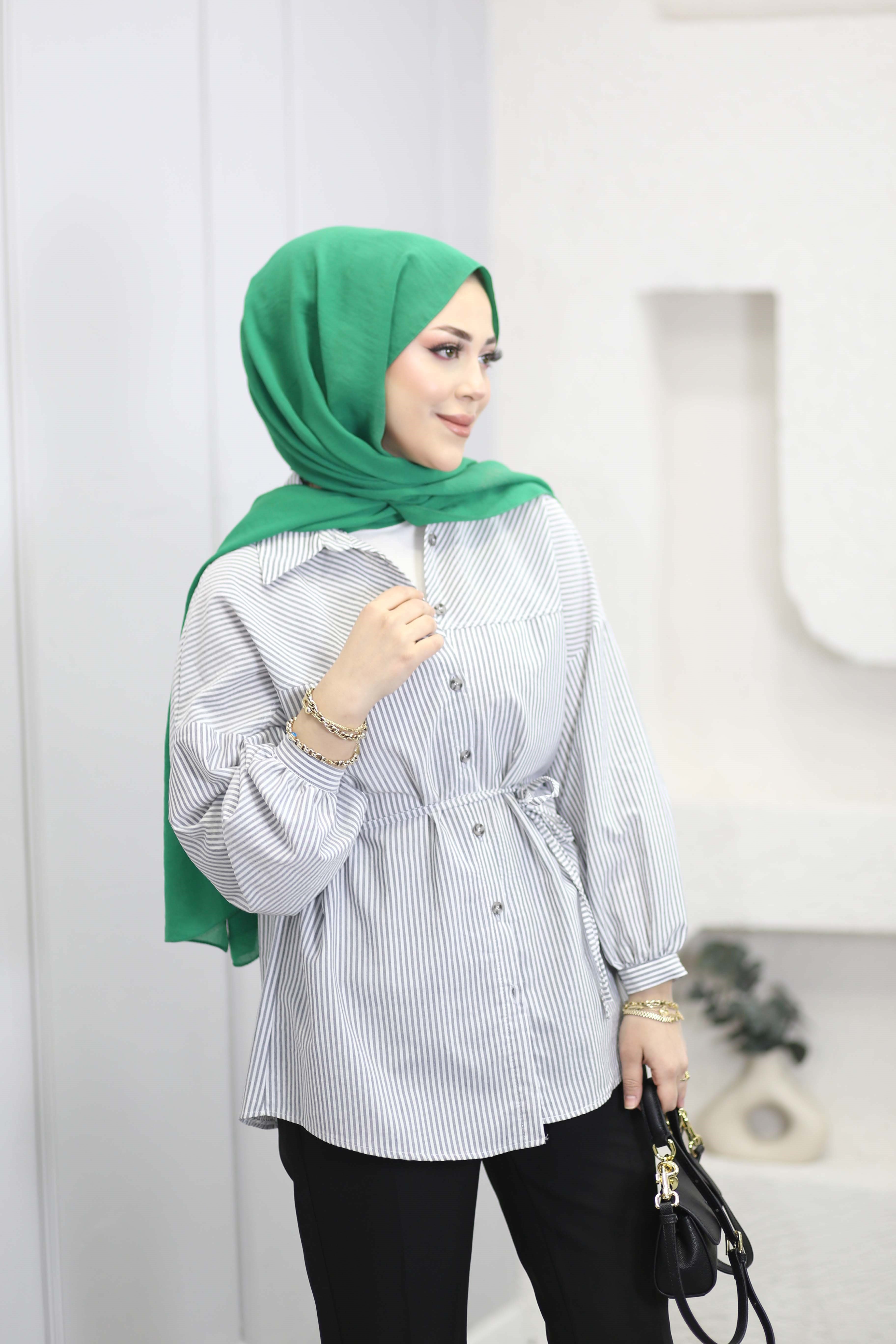 Kuşaklı Oversize Basıc Gömlek Füme 6446