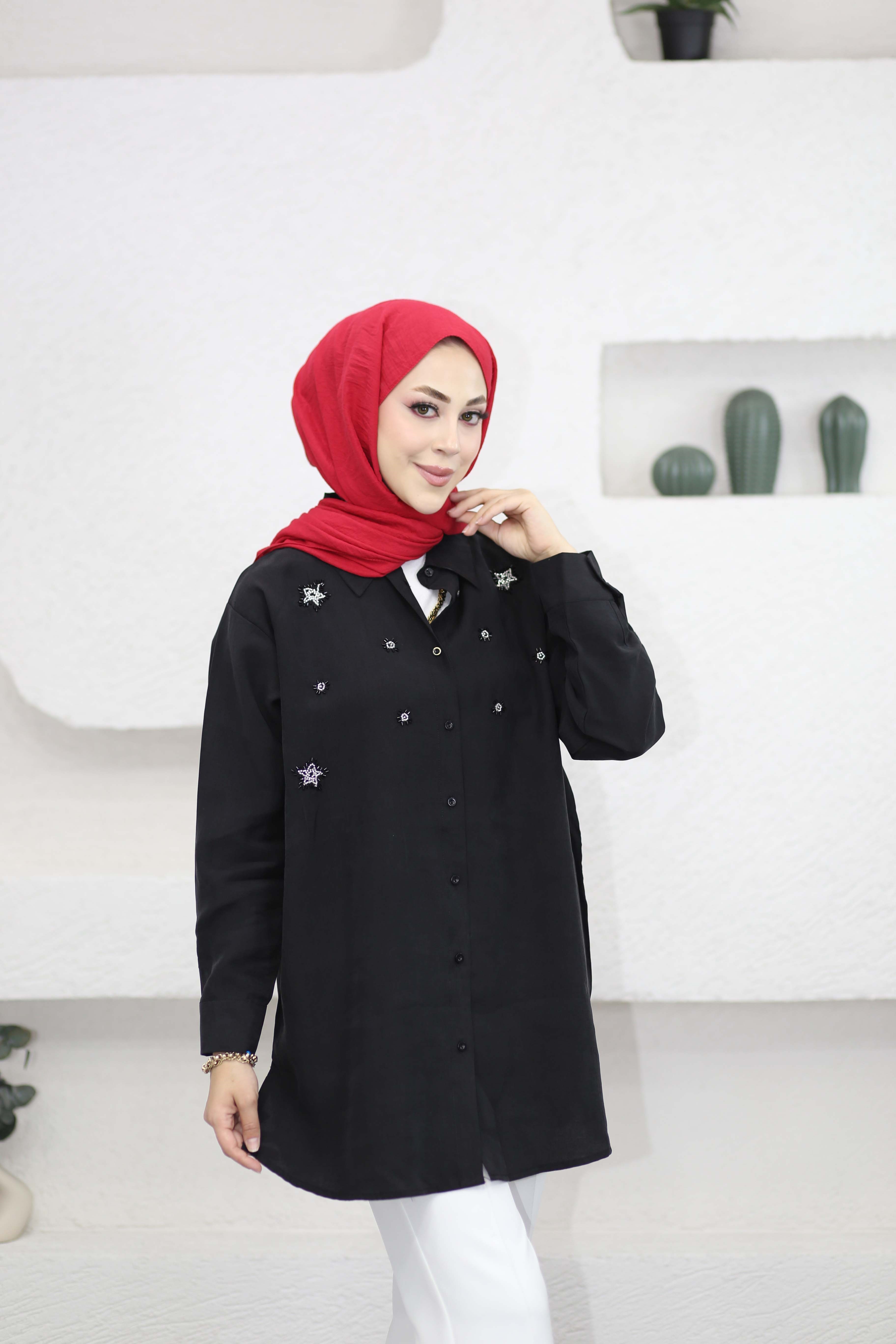 Yıldız Motif İşlemeli Gömlek Siyah 3466