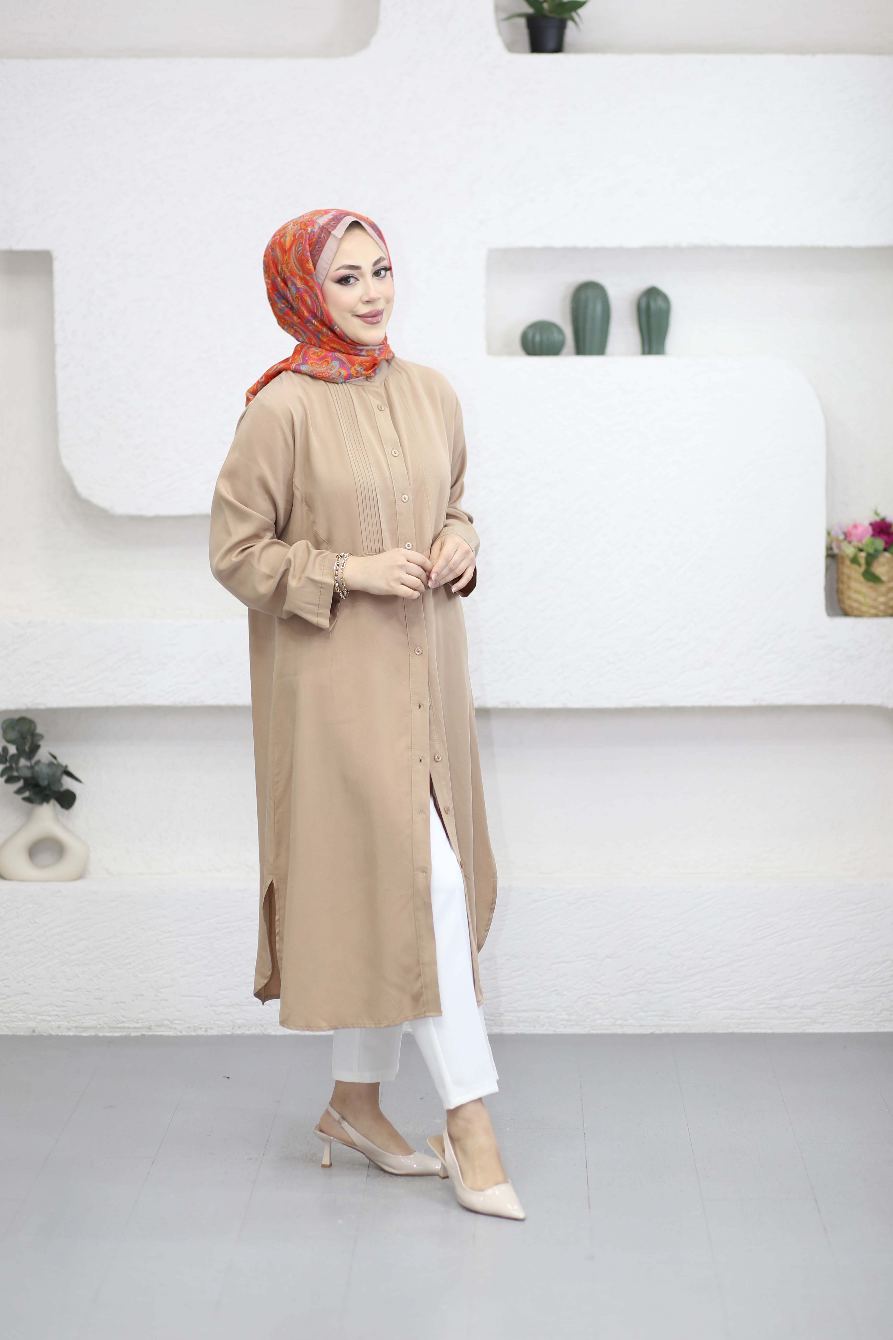 Önü Nervürlü Tensel Tunik Camel 2076