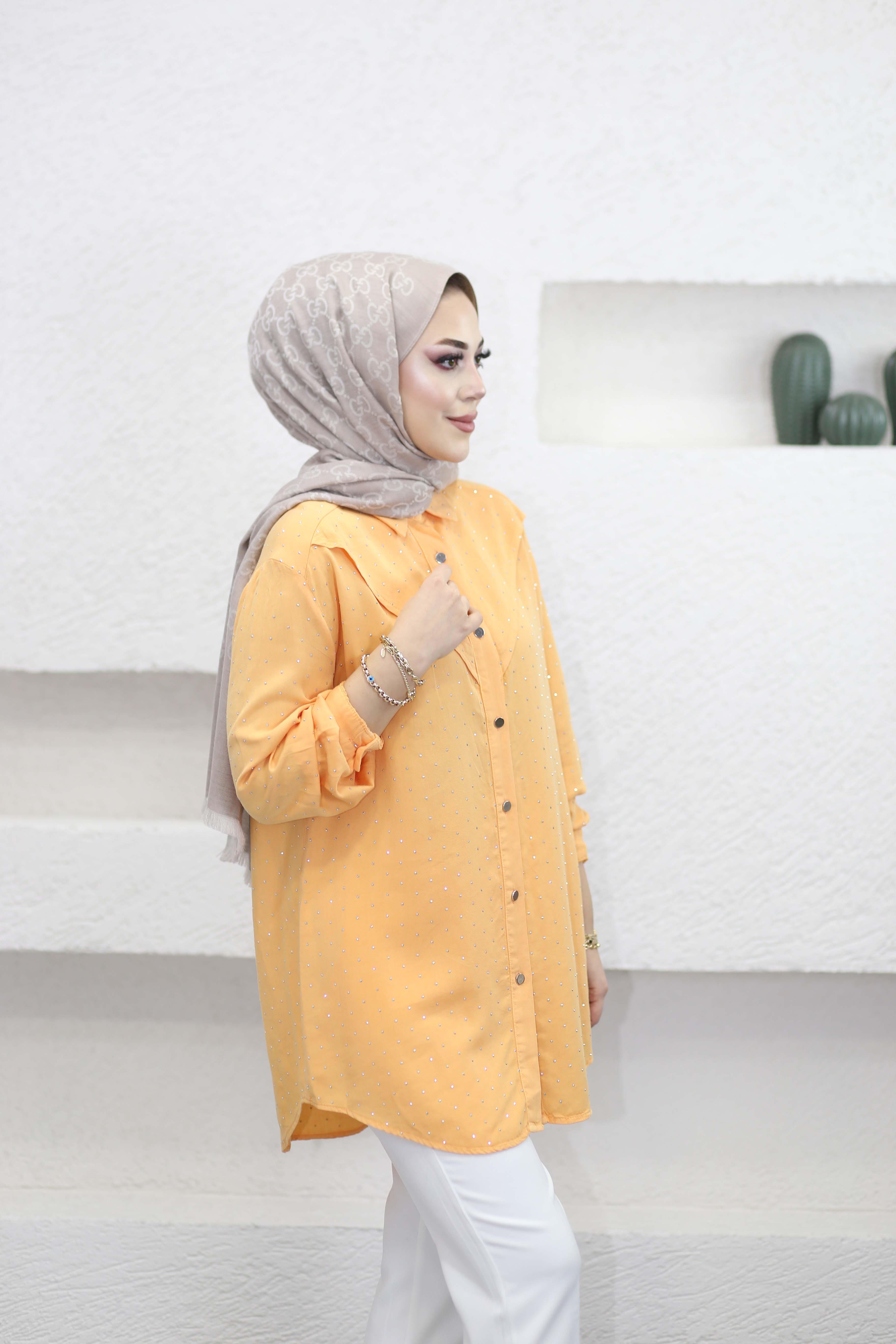 Taşlı Tencel Gömlek Oranj 7421