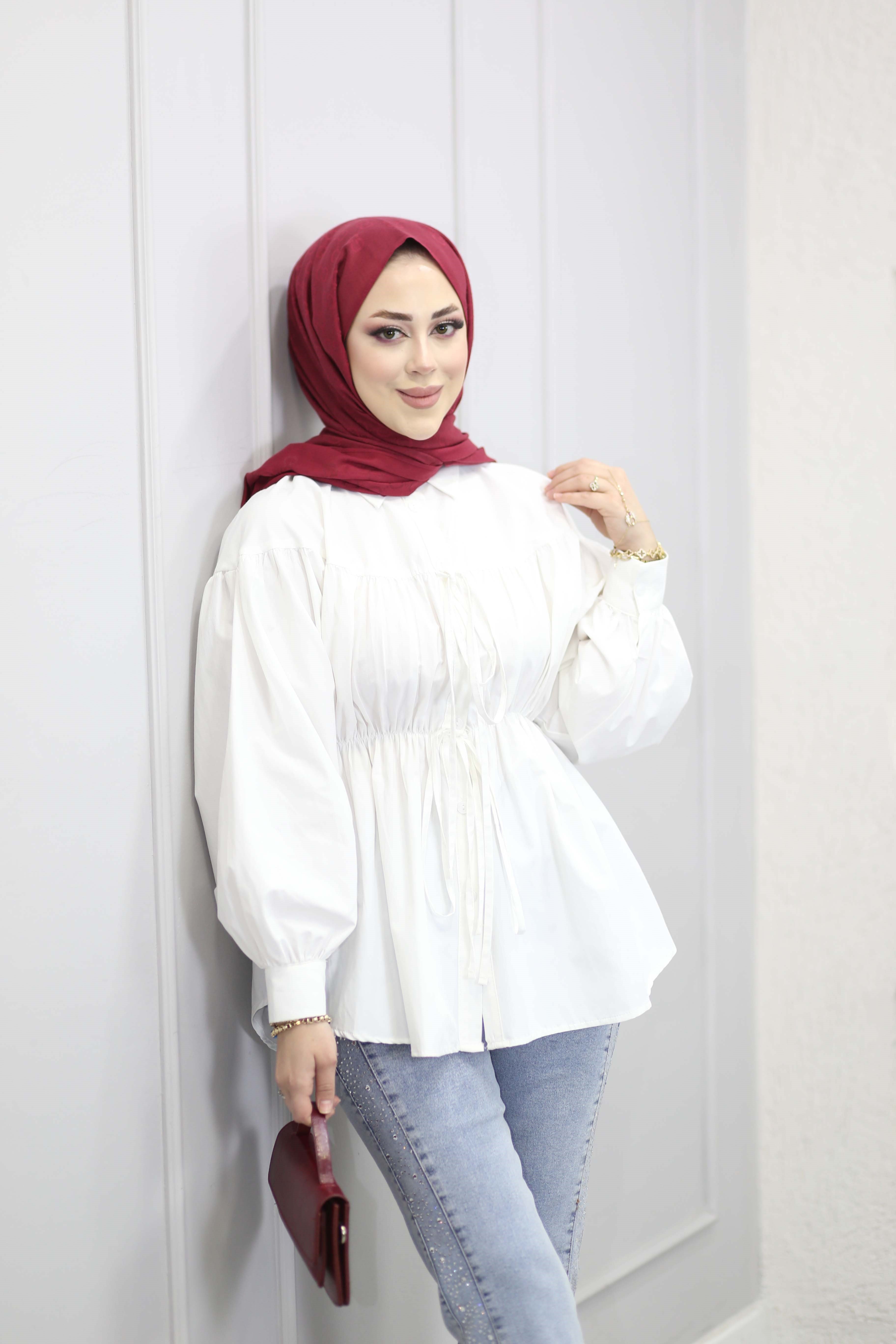 Reglan Kollu Önü Bağcıklı Gömlek Beyaz 1964
