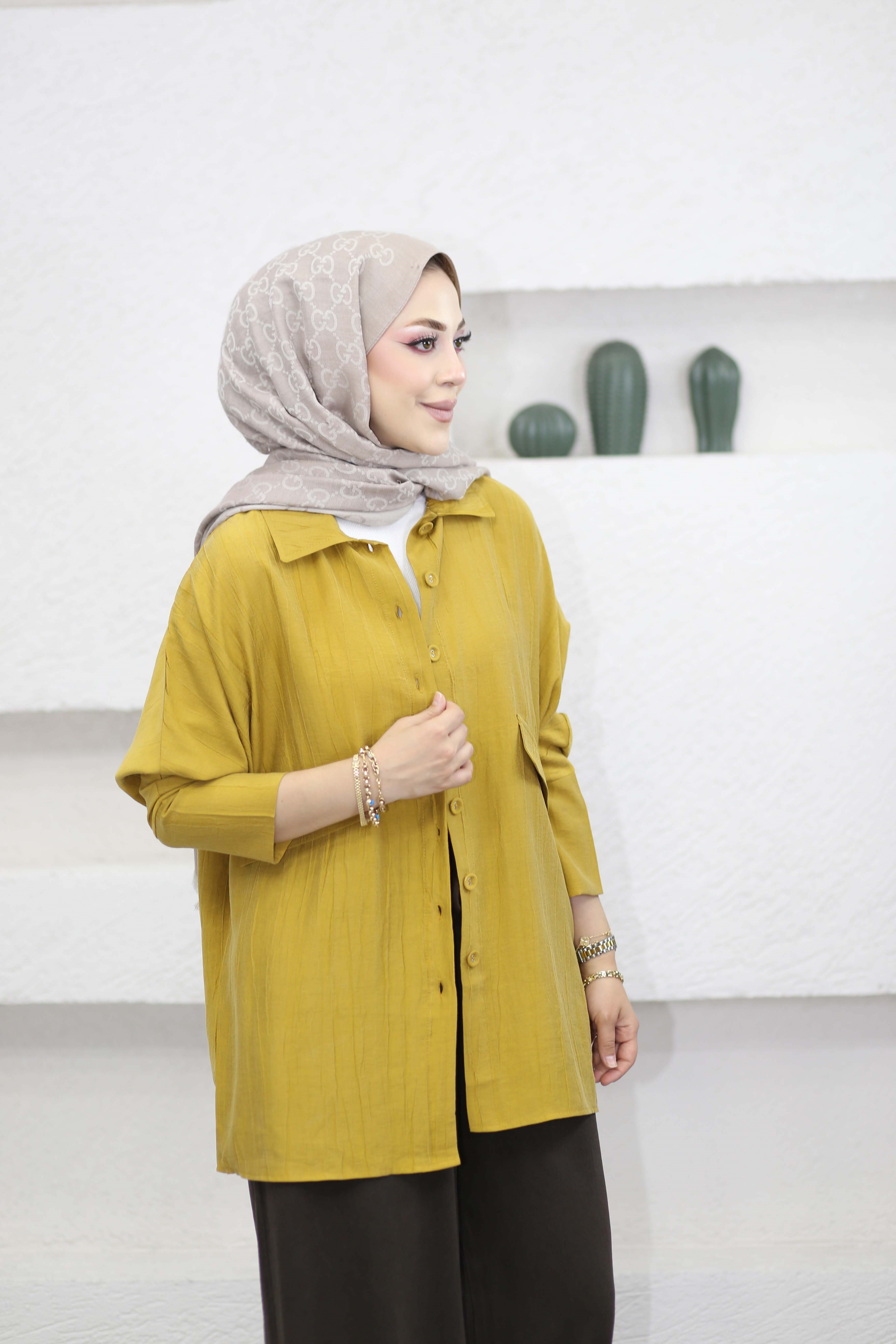 Düğme Detaylı Gömlek Hardal 6393
