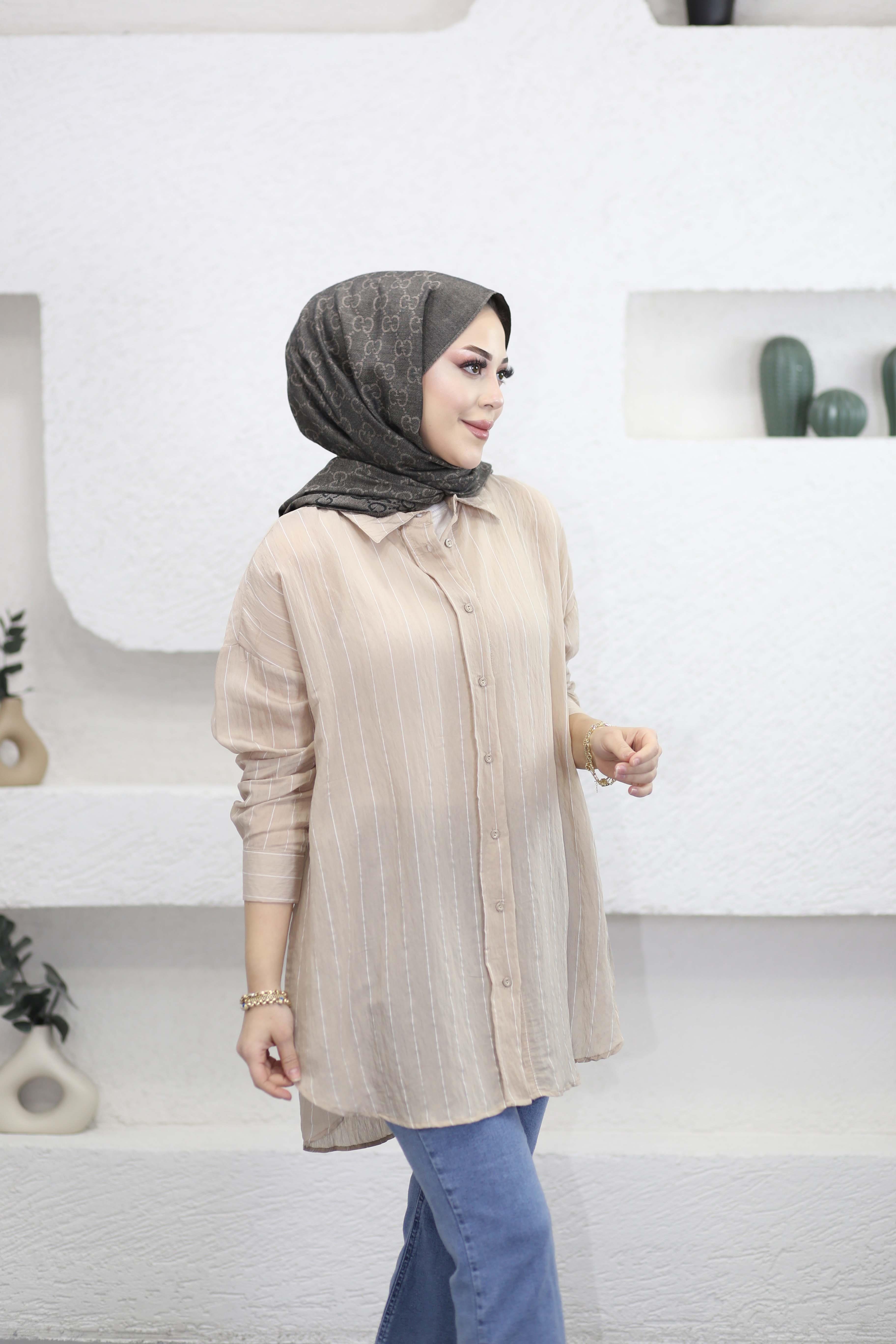 Vual Çizgili Gömlek Camel 3259