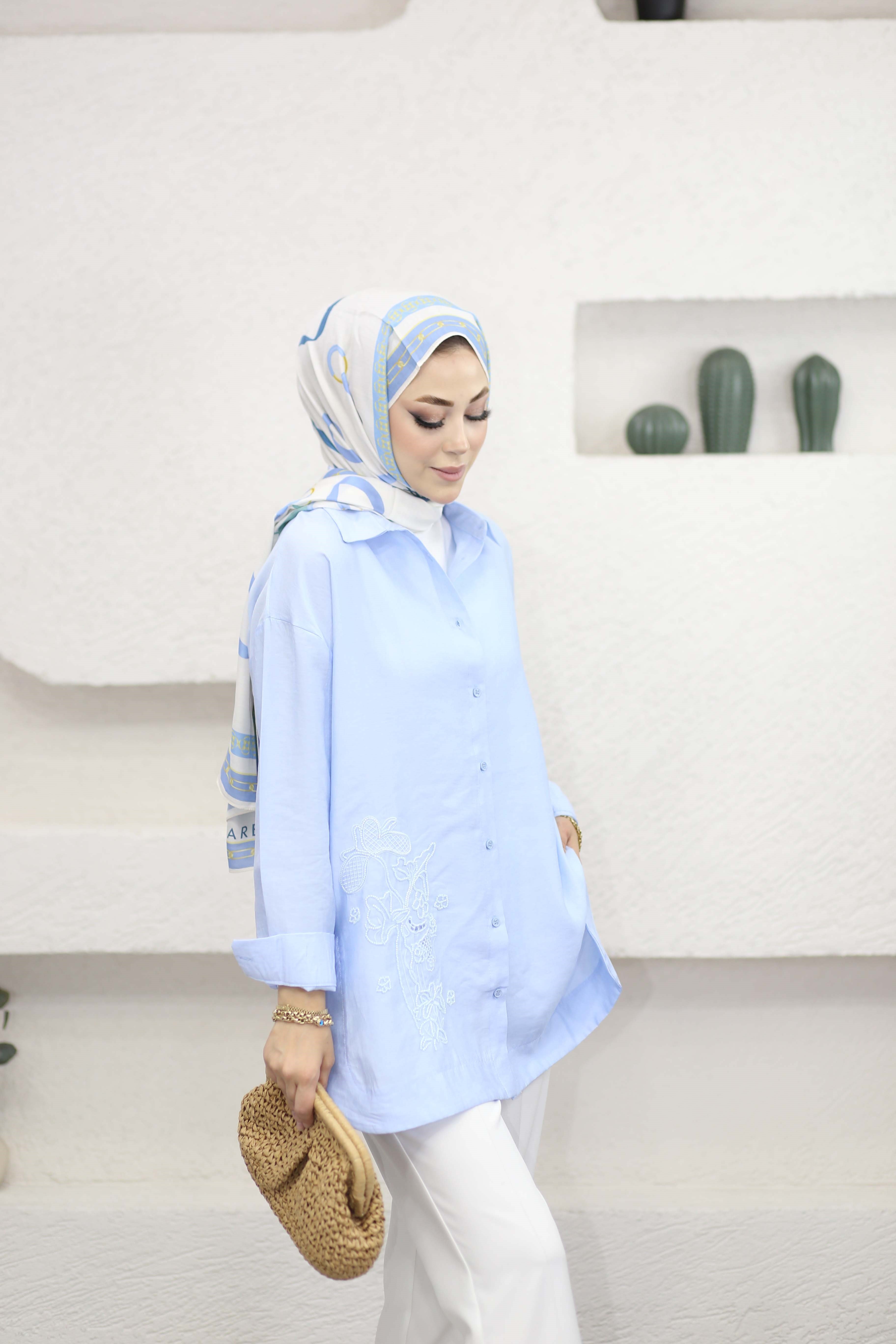 Boncuk Nakış Detaylı Gömlek Bebe Mavi 2964