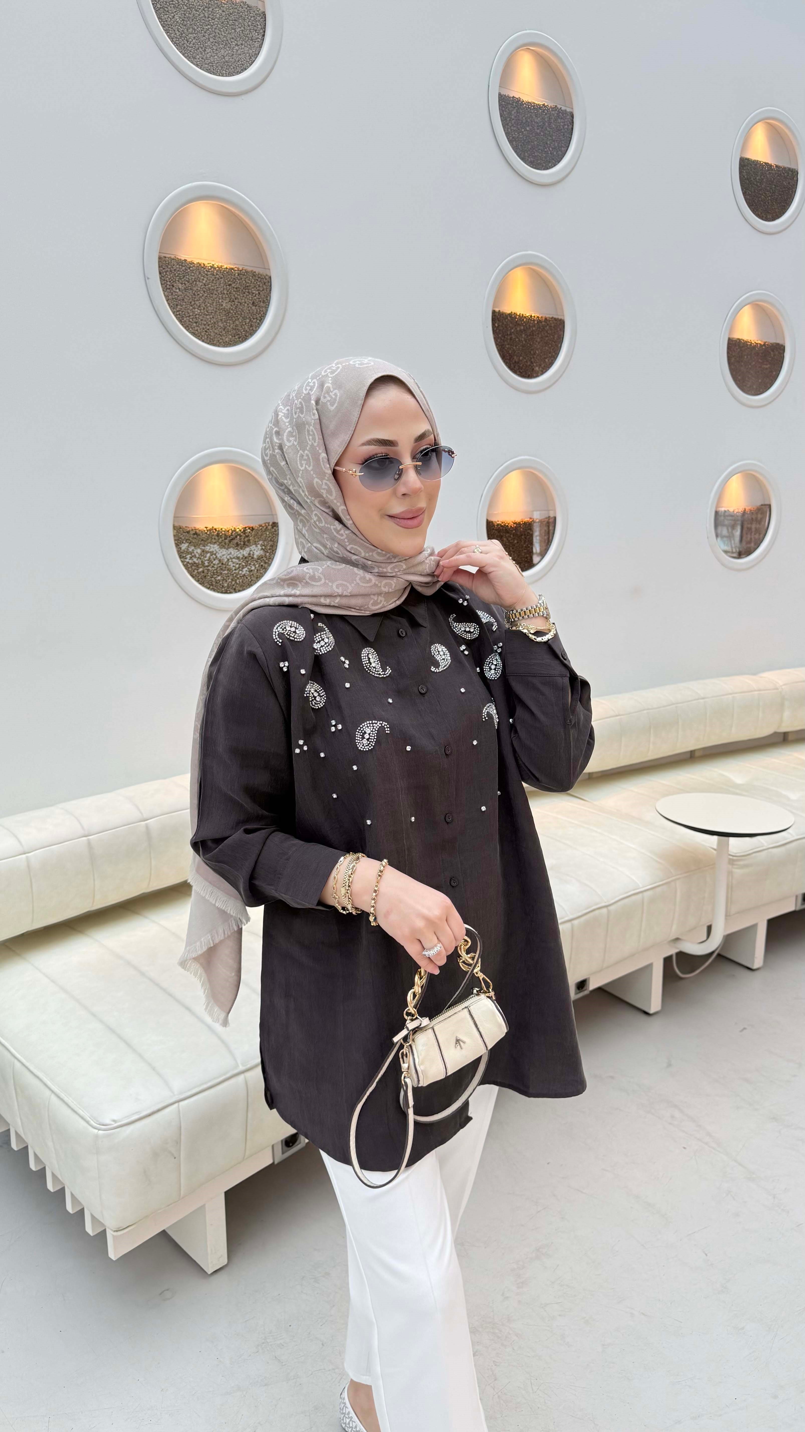 Taş İşleme Detaylı Gömlek Kahverengi 3387