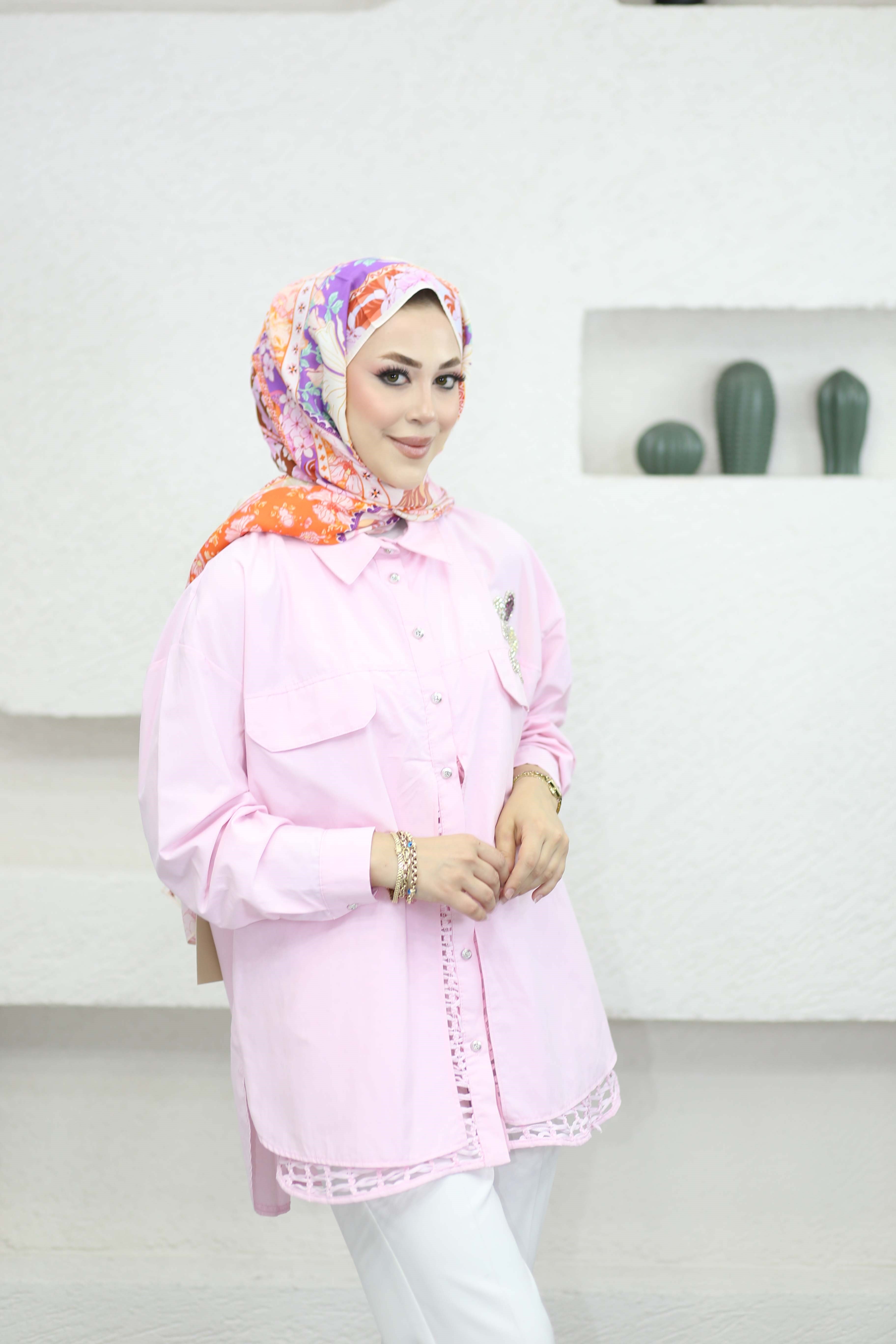 Kafes İşlemeli Taşlı Gömlek Pembe 170302