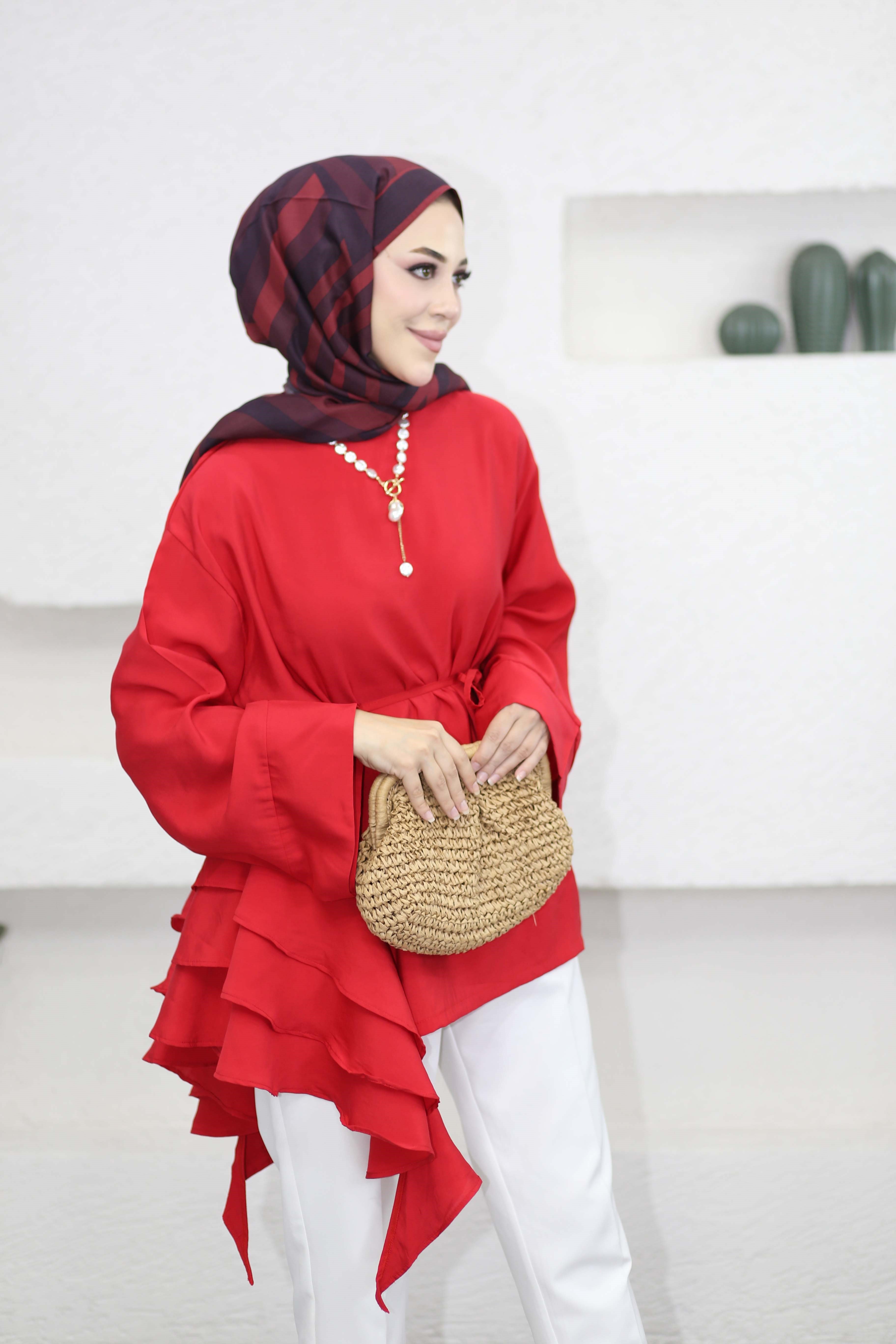 Volanlı Bağcıklı Tunik Kırmızı 61437