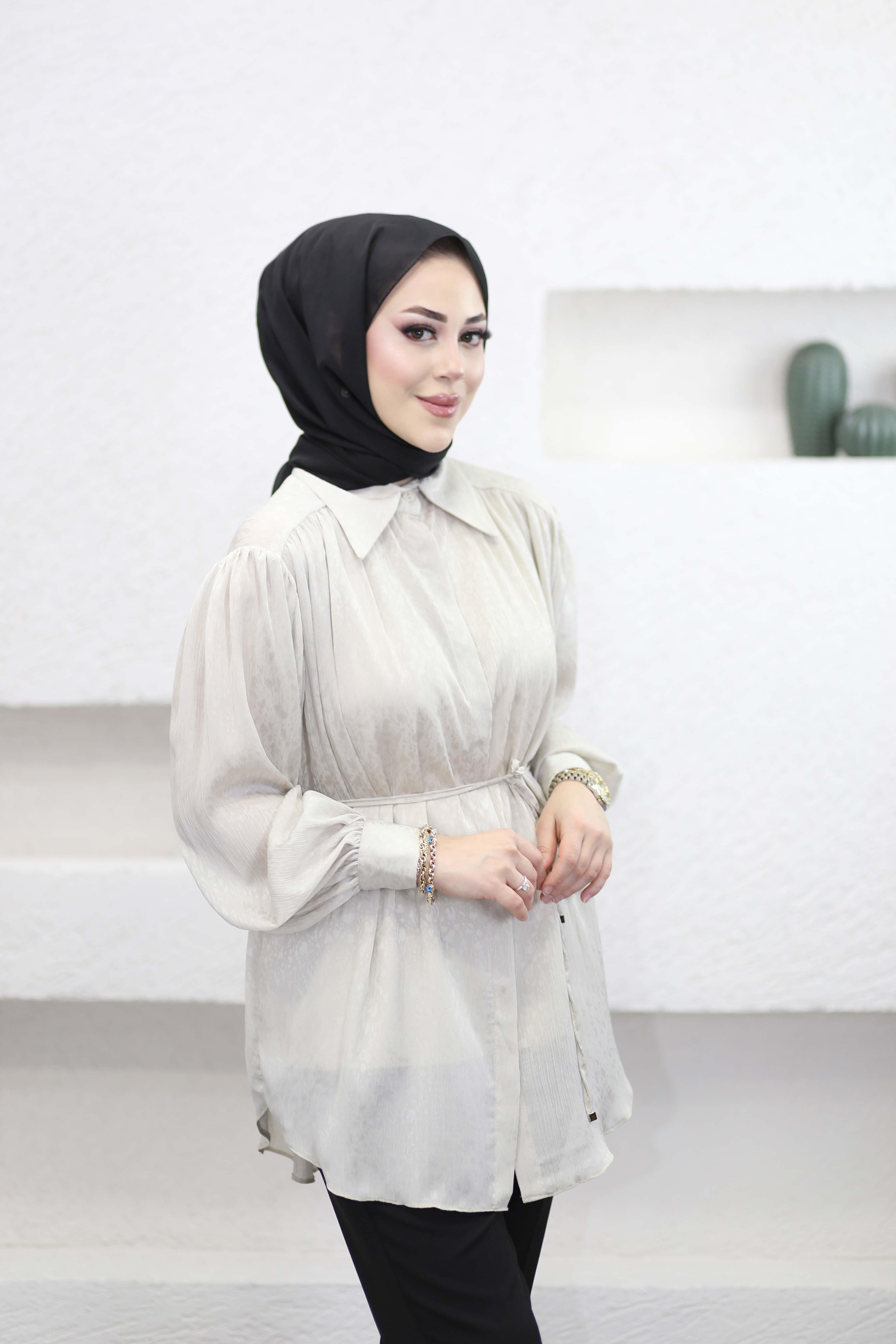 Büzgülü Yarya Şifon Gömlek Bej 8316