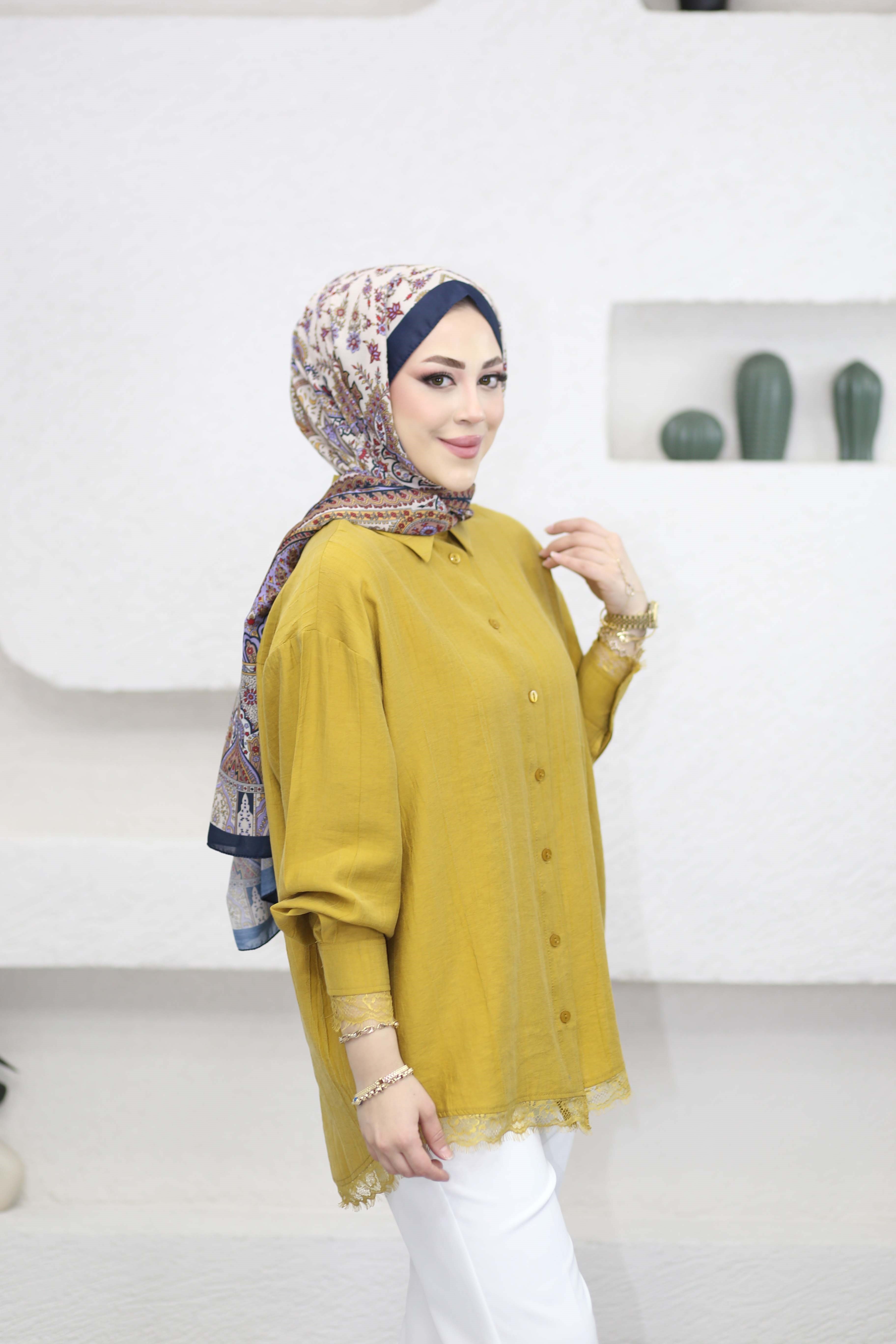 Dantel Detaylı Gömlek Hardal 5794